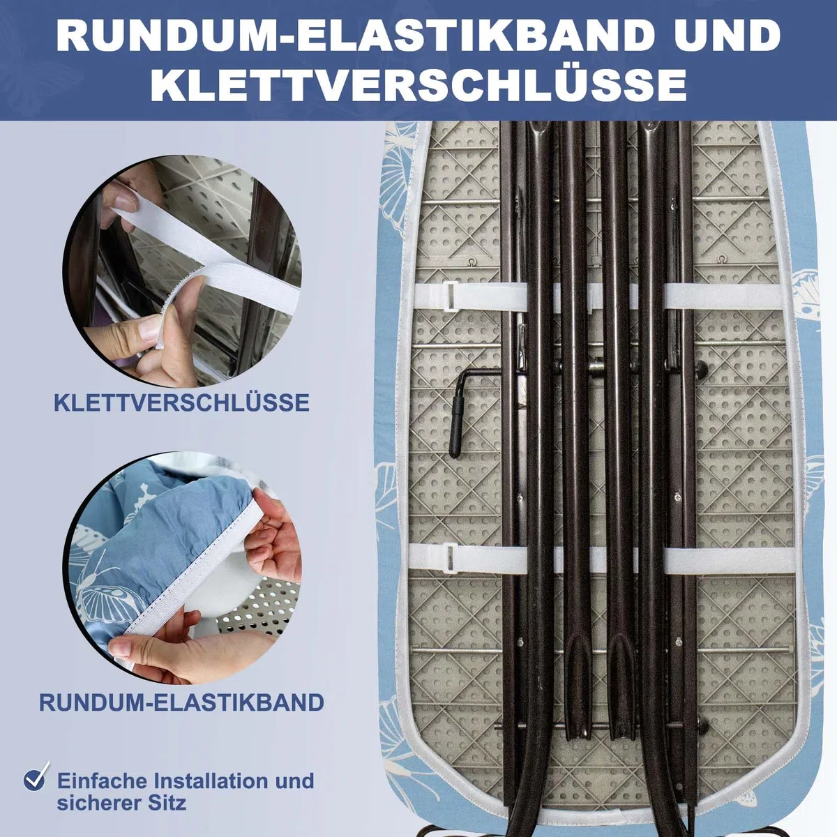 Bügelbrettbezug mit Dicker Polsterung 120x40, 125x45, Rundum-Elastikband, Klettverschlüsse, passend für Bügeltische, ideal für Dampfbügelstationen Ironing Board Cover (Blue (Butterfly)