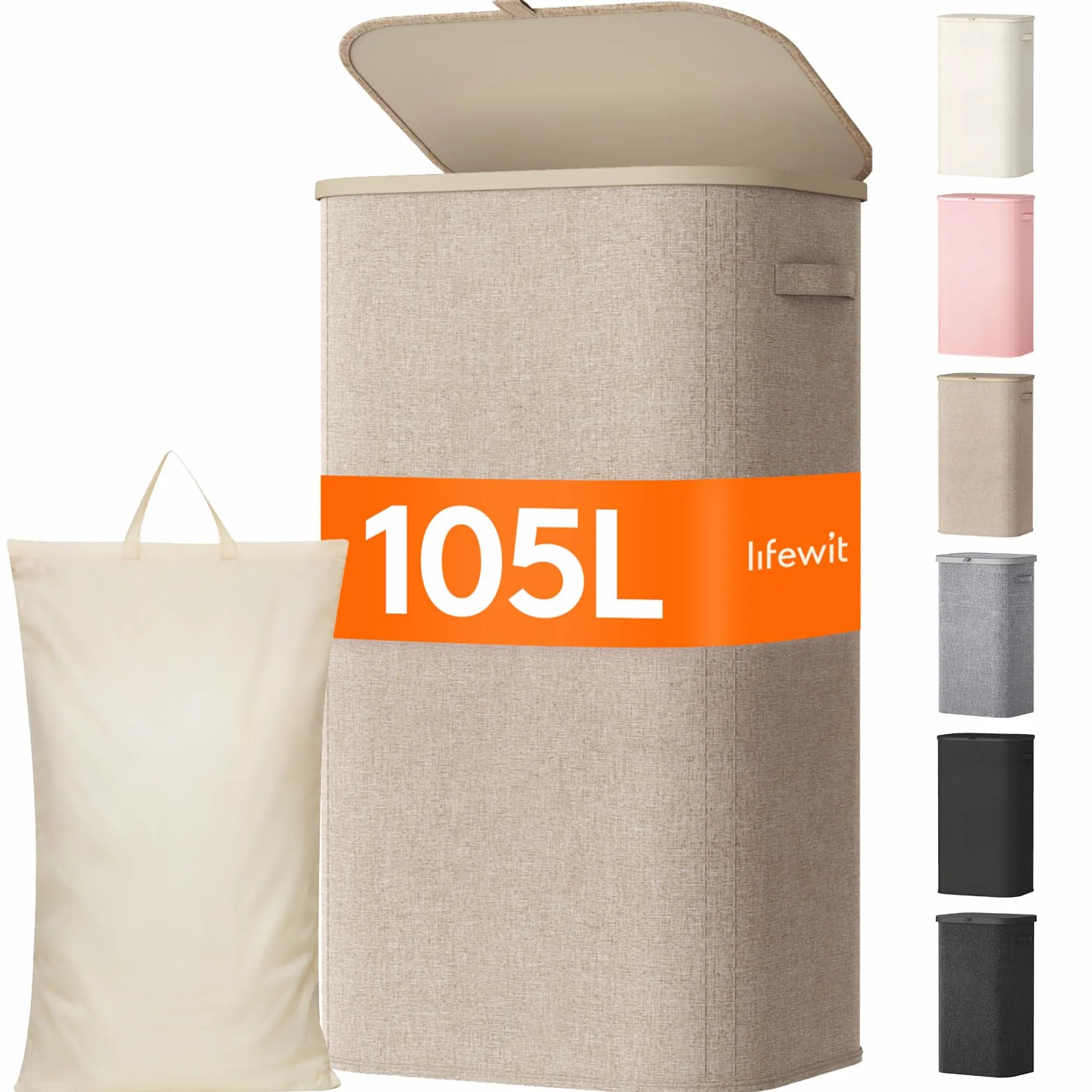 Lifewit 105L Wäschekorb mit Deckel, hoher Wäschekorb mit Kunststoffrahmen, faltbarer großer Wäschekorbsammler, Wäschekörbe für Schlafzimmer, Bad, Beige
