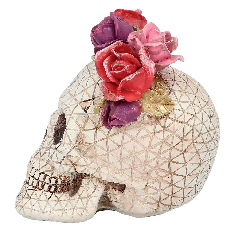 Boland 73089 - Totenkopf Deko mit Rosen, Schädel mit Blumenkranz,Tischdeko für Halloween und Karneval, Dia de los Muertos