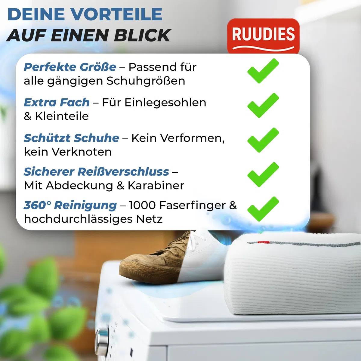Premium Schuhwaschbeutel für Waschmaschine – Sneaker Waschbeutel mit Trennwand-Technologie & Extra Fach für Einlegesohlen und Schnürsenkel – schützt Schuhe & Trommel, robust und abfärbefrei