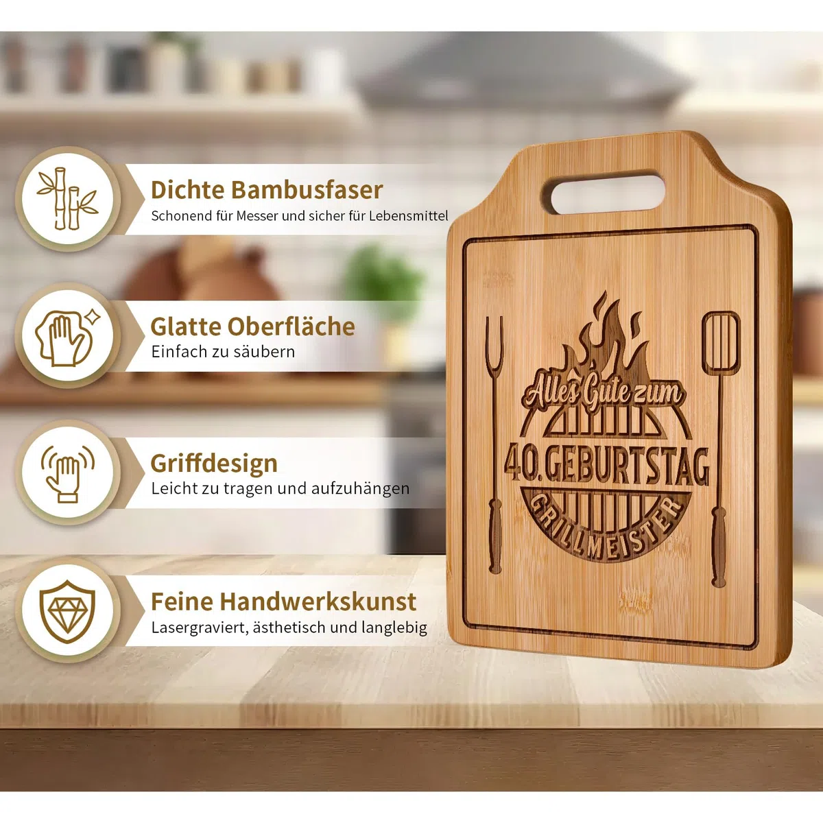 40 Geburtstag Männer - Graviertes Bambus Schneidebrett, Geschenke zum 40 Geburtstag Mann, 40. Geburtstag
