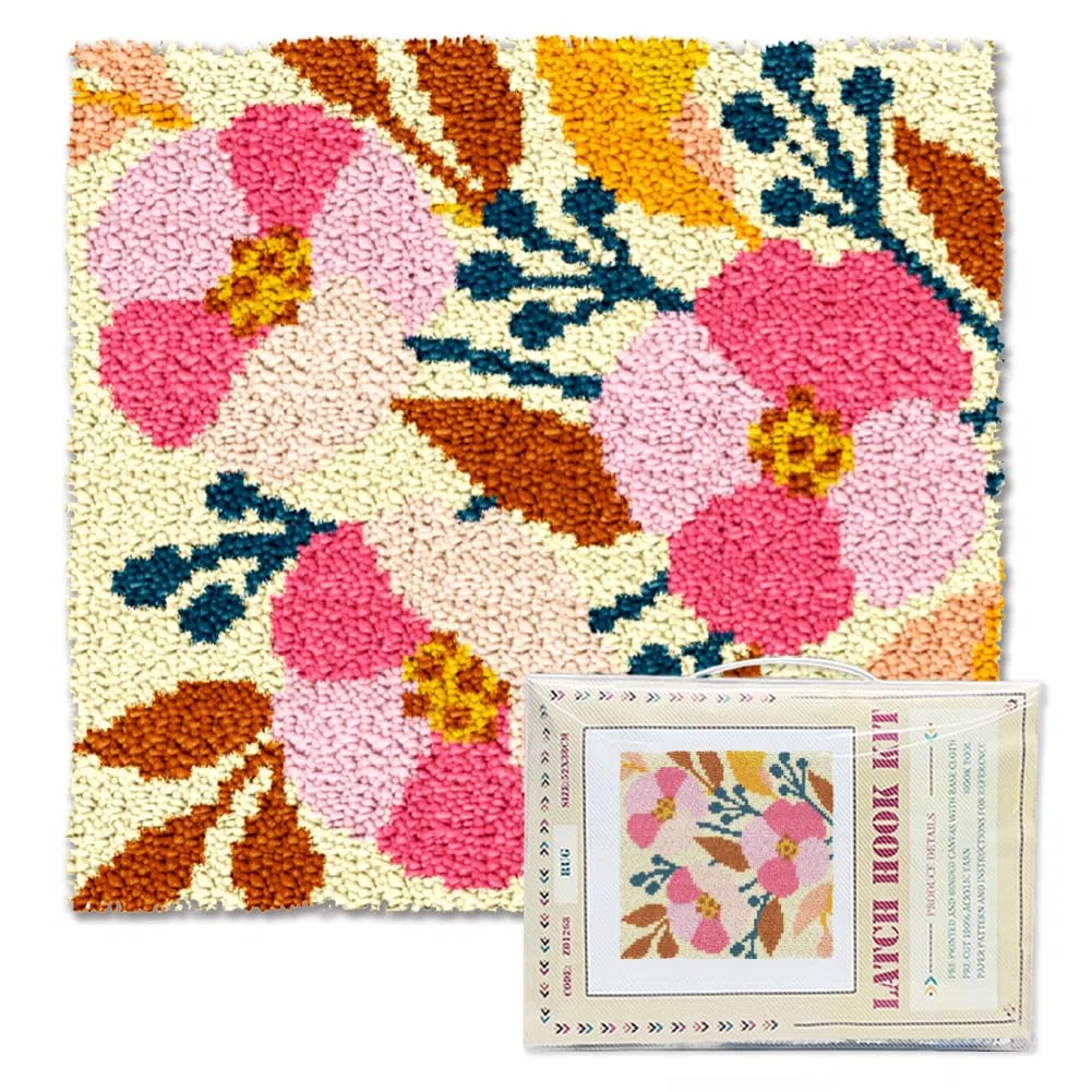 ORIGACH Blumen Und Pflanzenmotiven Knüpfteppich, Kreuzstich Teppich Set Für Erwachsene mit Werkzeug, Teppich Aus Farbgeprägtem Gitterstoff, Heimdekoration, Festivalgeschenke, 50×50cm