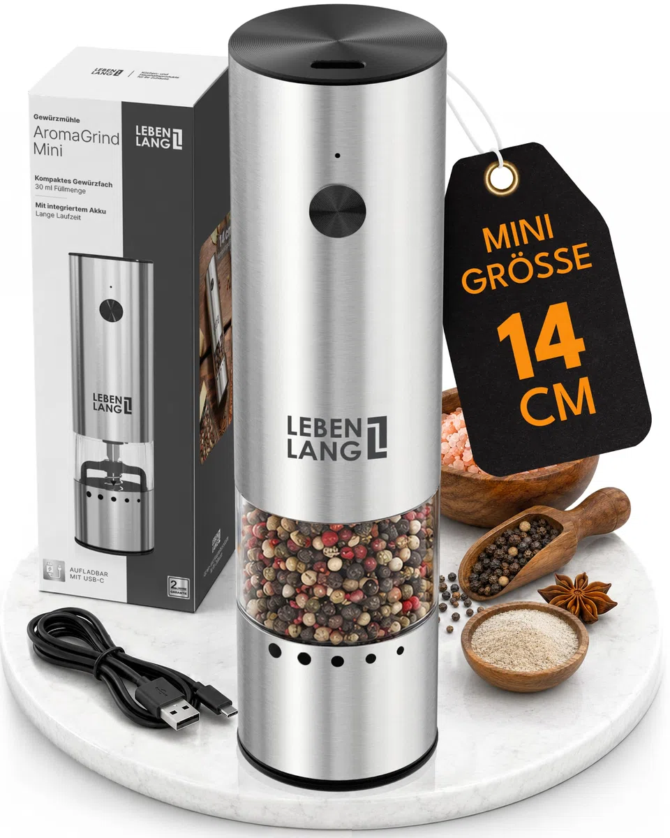 LEBENLANG Mini Salz und Pfeffermühle Elektrisch - 300mAh & Kompakter 30ml Behälter I 1er Set I Wiederaufladbar Gewürzmühle Elektrisch Klein Elektrischer Salz und Pfefferstreuer Pfeffer & Salzmühle