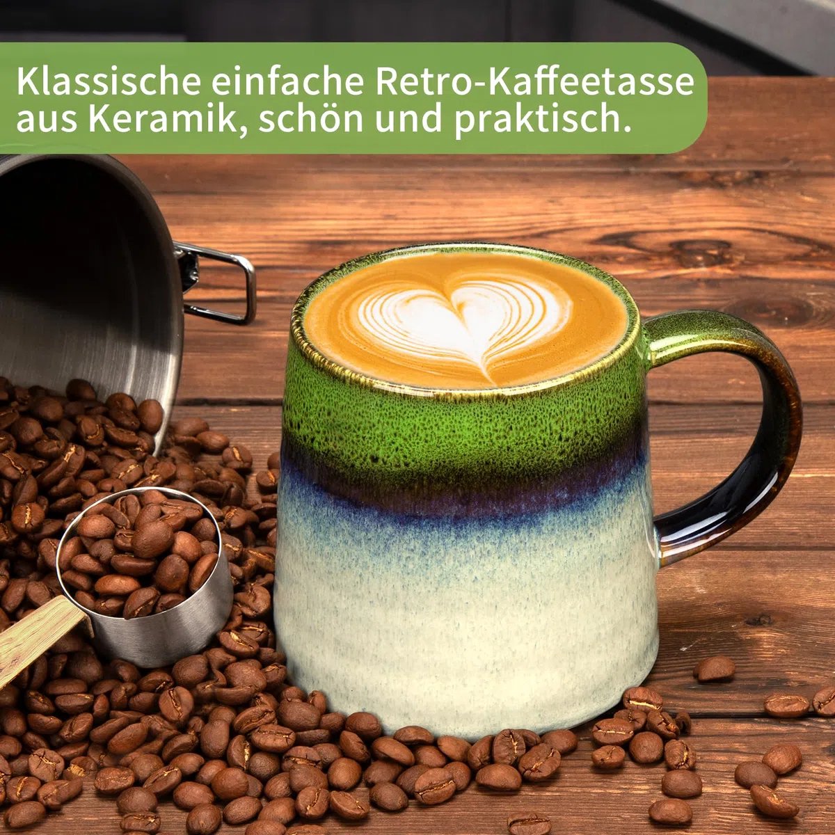Kaffeetasse Groß, Cappuccino Tassen, Kaffeetasse aus Porzellan, Große Teetasse mit Henkel, Porzellan Cappuccino Tasse Kaffee Milch Tee Tasse (Grün)