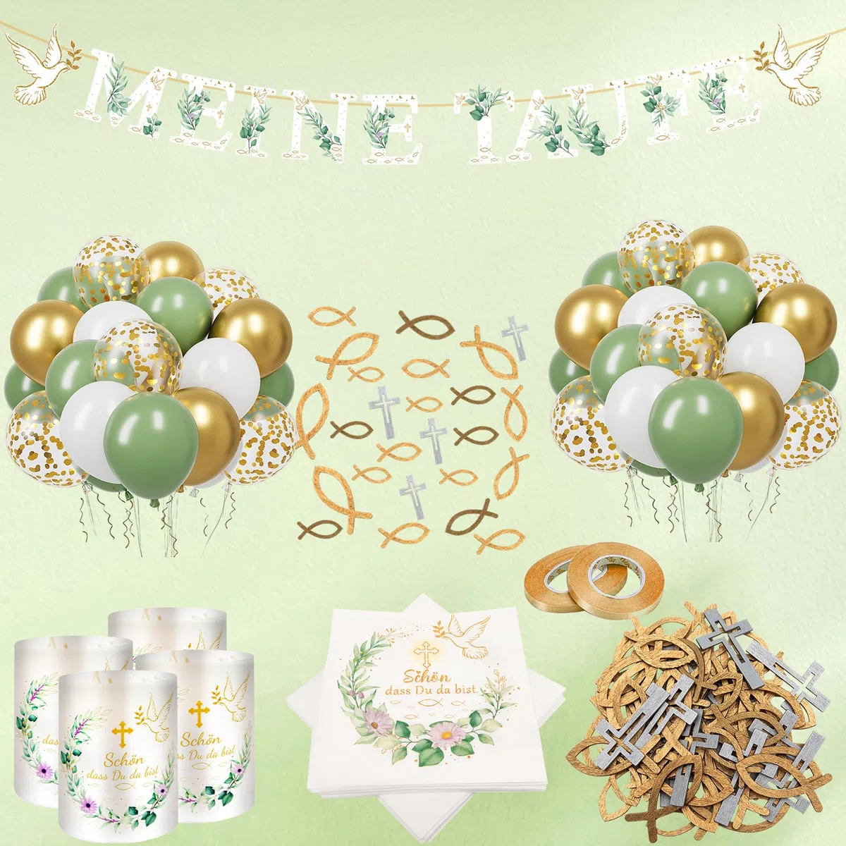 Taufdeko für Jungen & Mädchen –Deko mit Girlande, Ballons & Servietten – Party Dekoration zur Tauffeier, Baby Taufe für Kinder, mit Spruch „Schön, dass du da bist