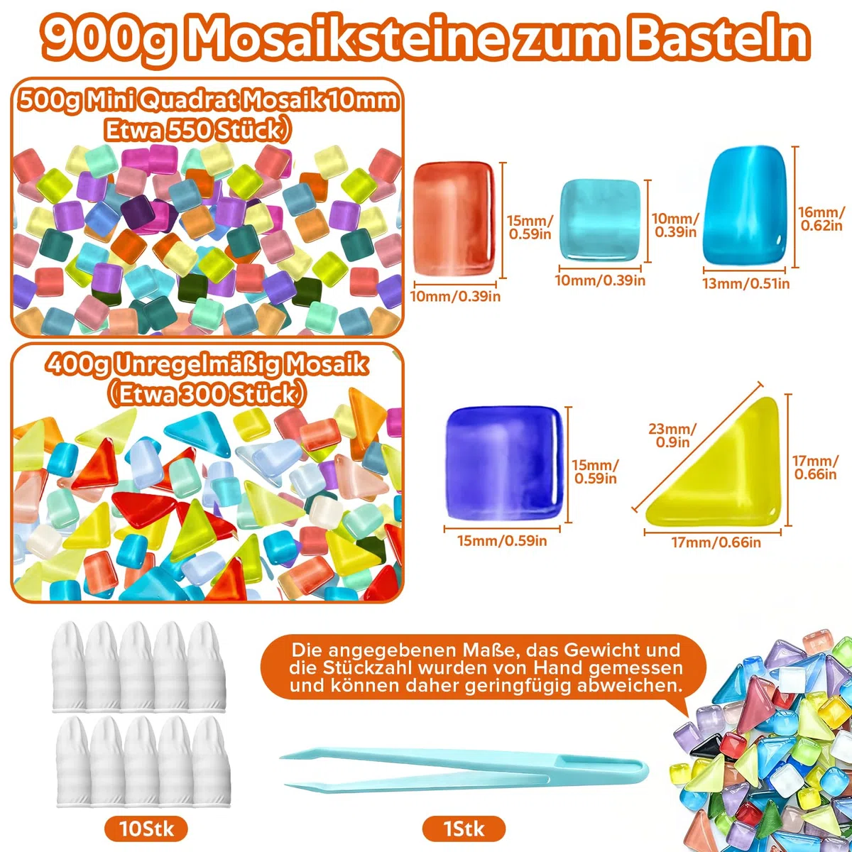 Sheryl&Rain 900 g Mosaikfliesen, Mosaiksteine zum Basteln Set, Quadrat&Unregelmäßige, mit Pinzette, Kristall Glasmosaiksteine, Mini Mosaik Steine Bunt für DIY Kunstprojekte, Mosaikdekorationen