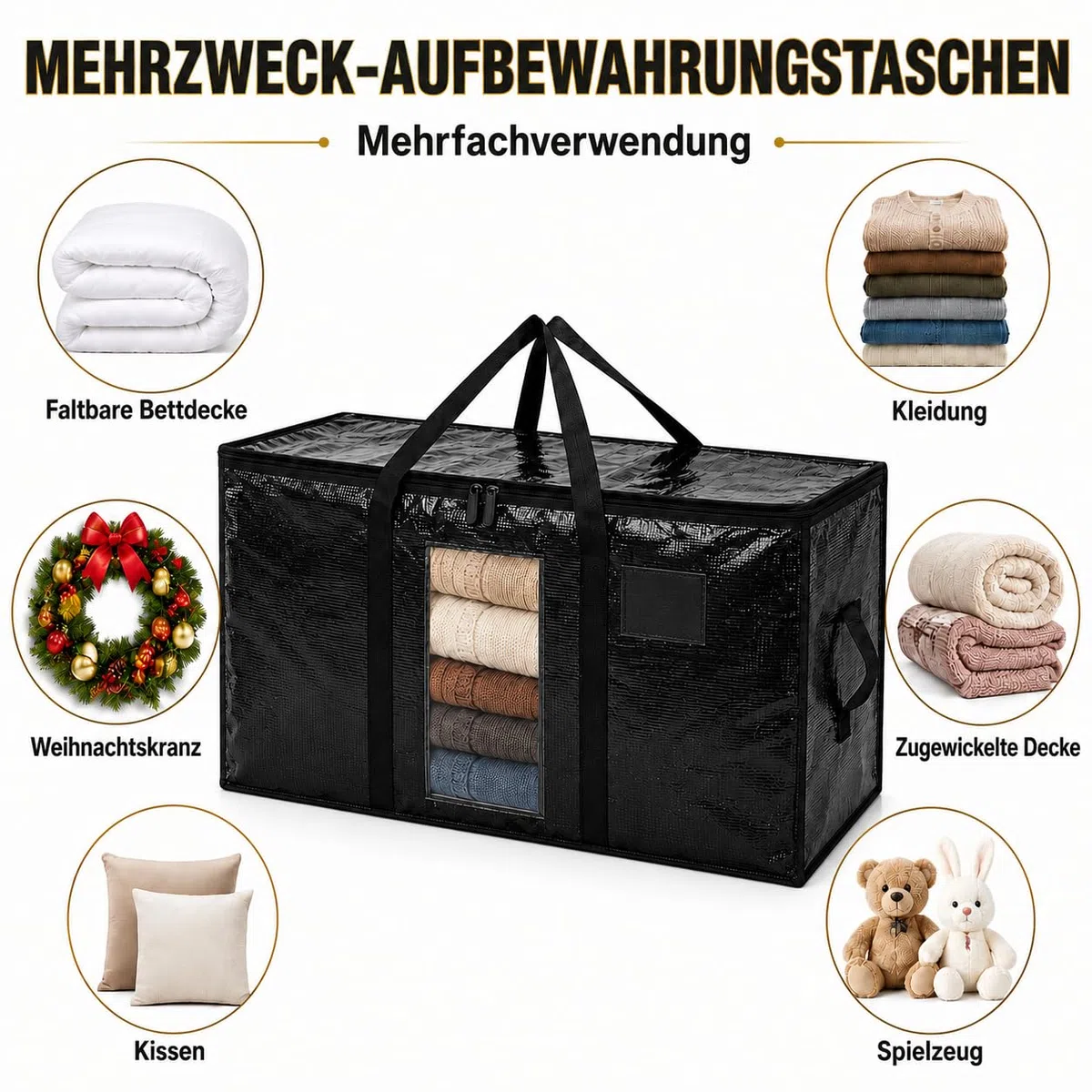 Aufbewahrungstasche groß 94L 4 Stück Große umzugskartons Faltbare Kleideraufbewahrung mit Reißverschluss Tragegriffen Sichtfenster für Bettdecken Kleidung Umzug (2x Transparent+2 Schwarz mit Fenster)