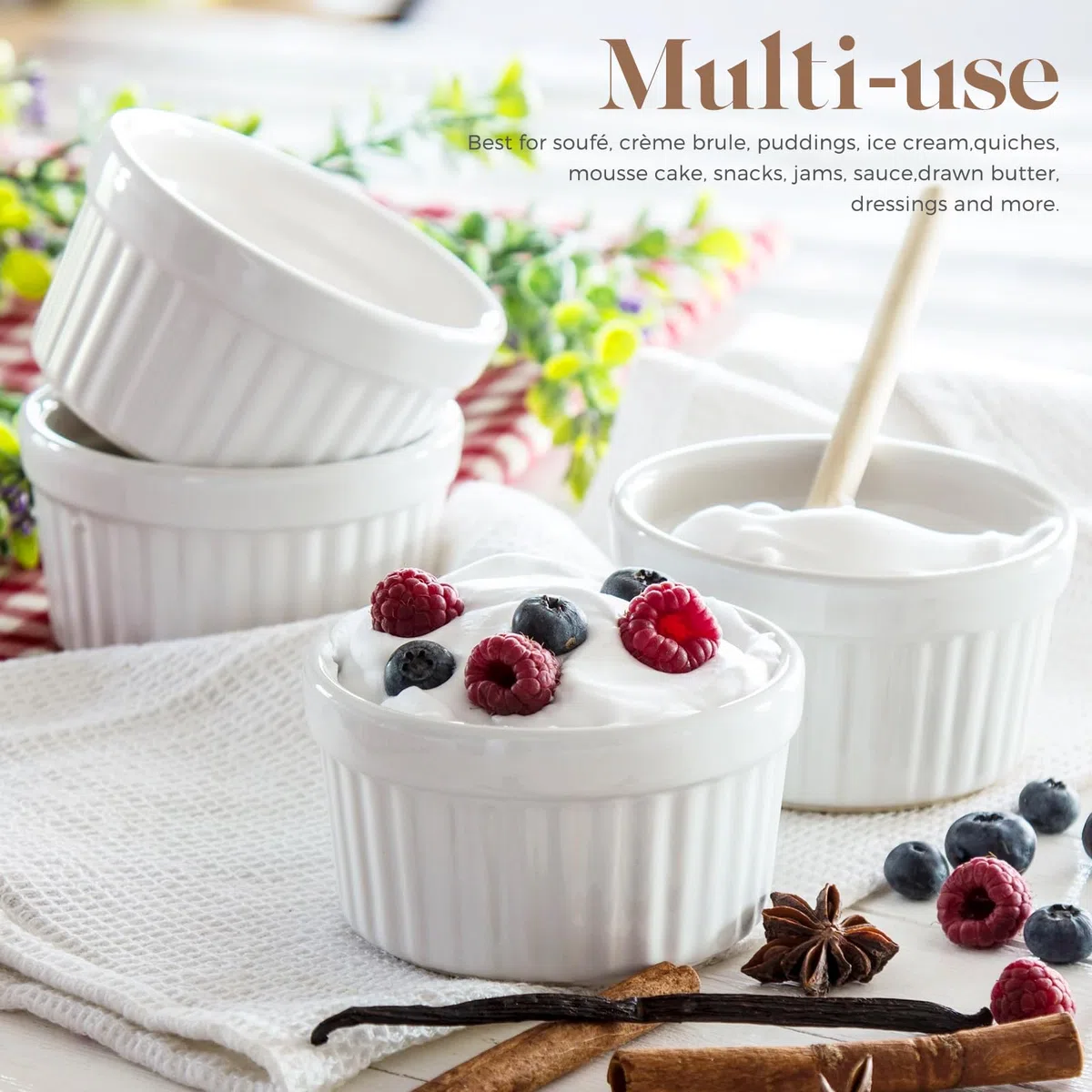 Woobroo Creme Brûlée Schalen, 6er Set, 9 cm - 200 ml Souffleformen, ofenfest, Souffleformen, Crème Brûlée Schalen, Keramikförmchen, ofenfeste Förmchen, weiß