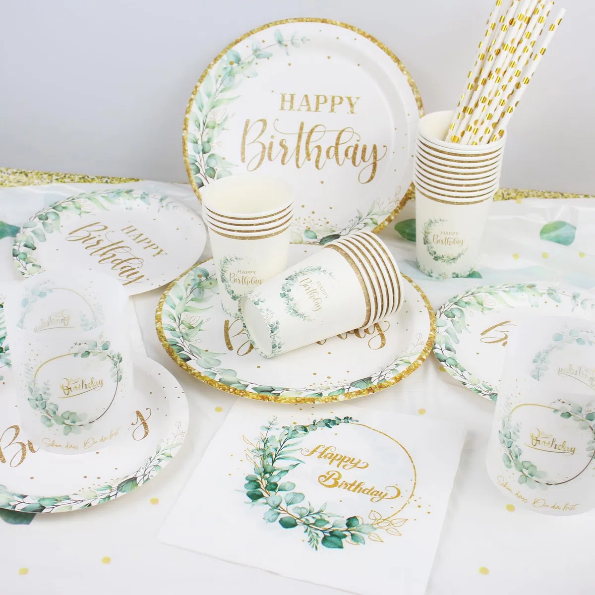 Geburtstagsdeko Teller Set, Eukalyptus Pappteller 116 Stück für 20 Gäste, Happy Birthday Geburtstag Deko Frauen, Grün Partygeschirr Set für Party Deko