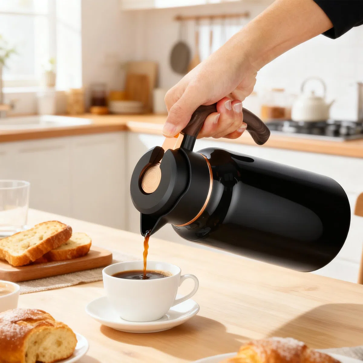 Thermoskanne, 2 Liter 304 Edelstahl Isolierkanne mit Holzoptik Griff, 24 h heiß / 24 h kalt, Kaffeekanne mit tropffreiem Ausguss, große Öffnung, zerlegbarer Deckel, Teekanne für Kaffee, Tee, Wasser