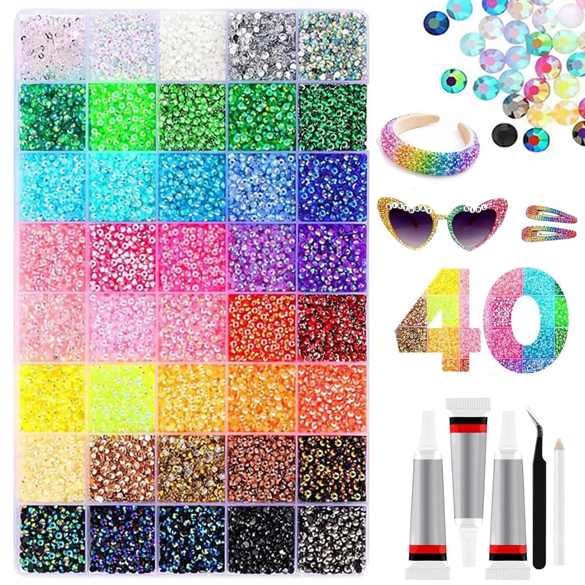 Strasssteine Set - 32000 Teiliges Glitzersteine zum Basteln, 40 Farben Bedazzler Kit with Glue, 3mm Rhinestones für Basteln Nägel Textilien Diamond Painting (A)