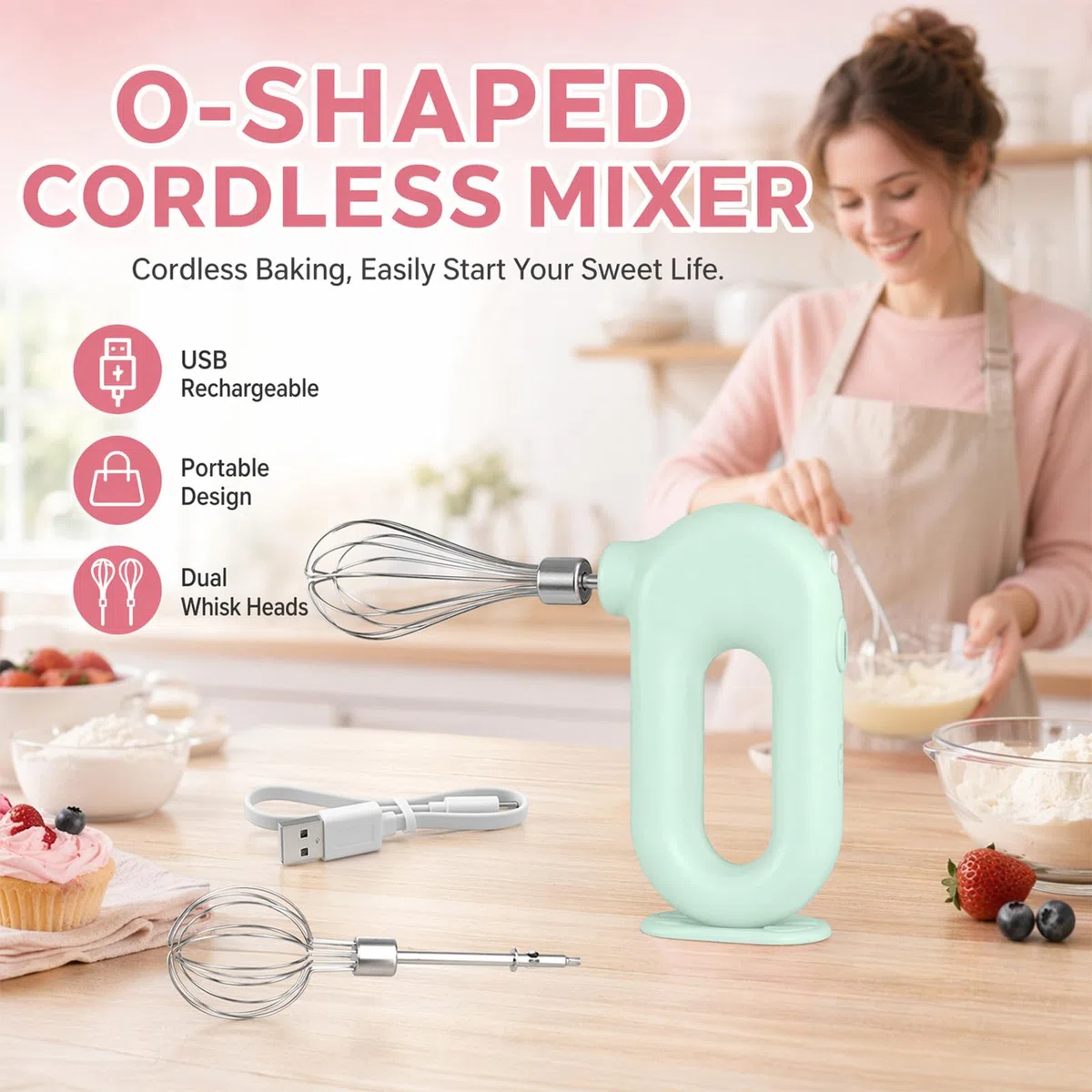 Elektrischer Schneebesen, Kabelloser Hand Mixer, Edelstahl-Schwenkquirl, 4 einstellbaren Geschwindigkeitsstufen, Elektrischer Handmixer mit 2 Quirl-Aufsätzen, über USB aufladbar (Grün)