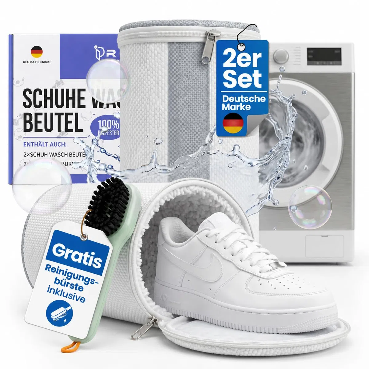 Premium Schuhwaschbeutel für die Waschmaschine bis Größe 50 mit schonender, wasserdurchlässiger Reinigung–2x wiederverwendbare Waschbeutel für Schuhe mit Reinigungsbürste, schützt Schuhe&Waschmaschine
