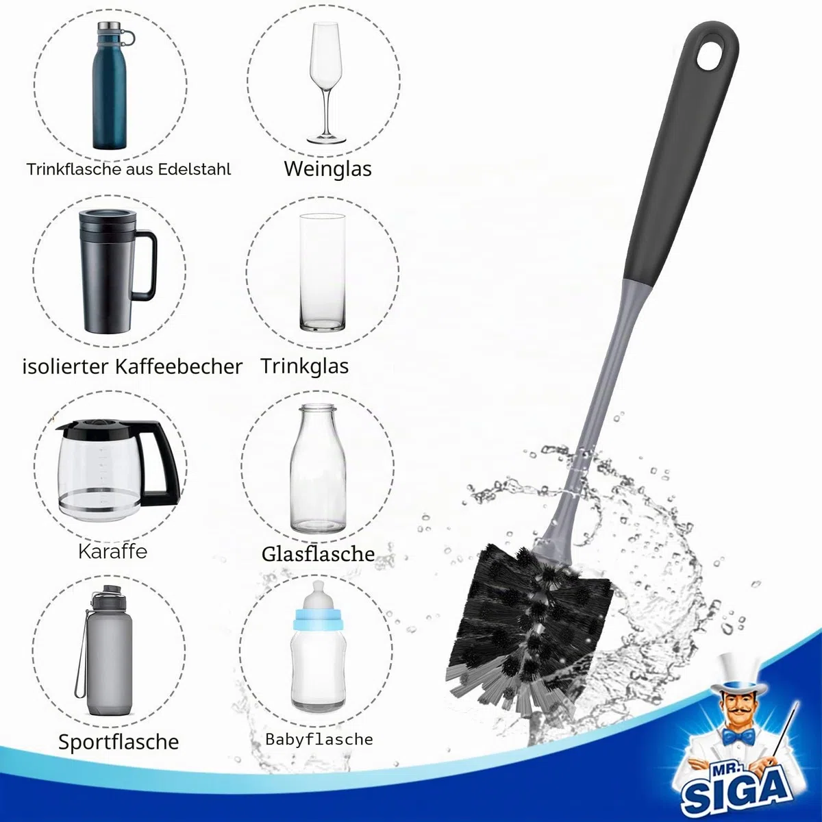 MR.SIGA Flaschenbürste mit langem Stiel, Flexible Bürste für Wasserflaschen, Glaswaren und Becher, Schwarz, 2er-Pack