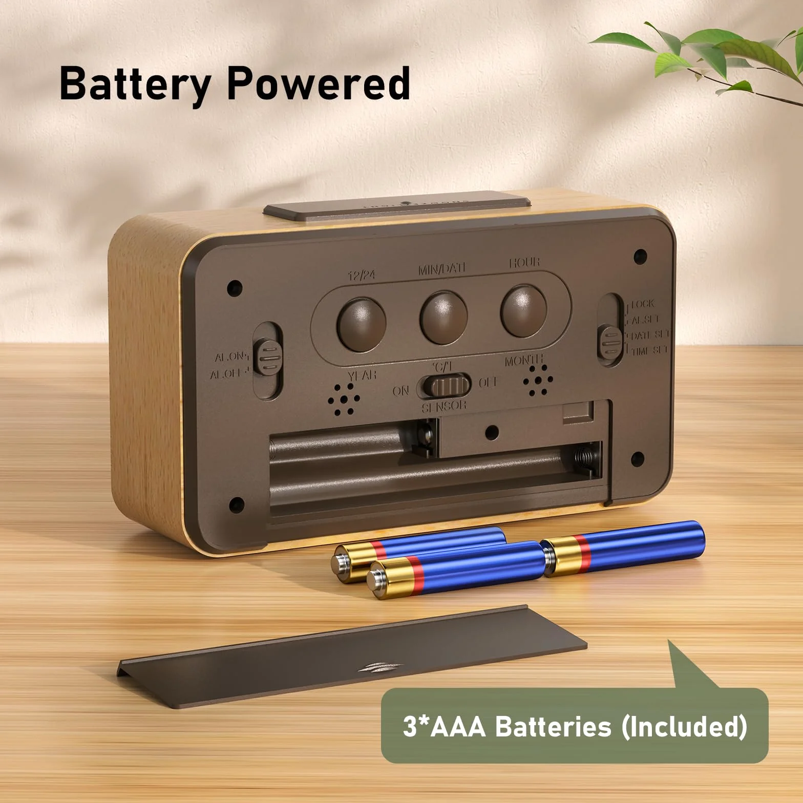 Wecker Digital aus Holz mit Großem LCD-Display, Datum, Temperatur, Automatischem Lichtsensor, Snooze-Funktion, Batteriebetrieben (3 AAA-Batterien im Lieferumfang Enthalten)