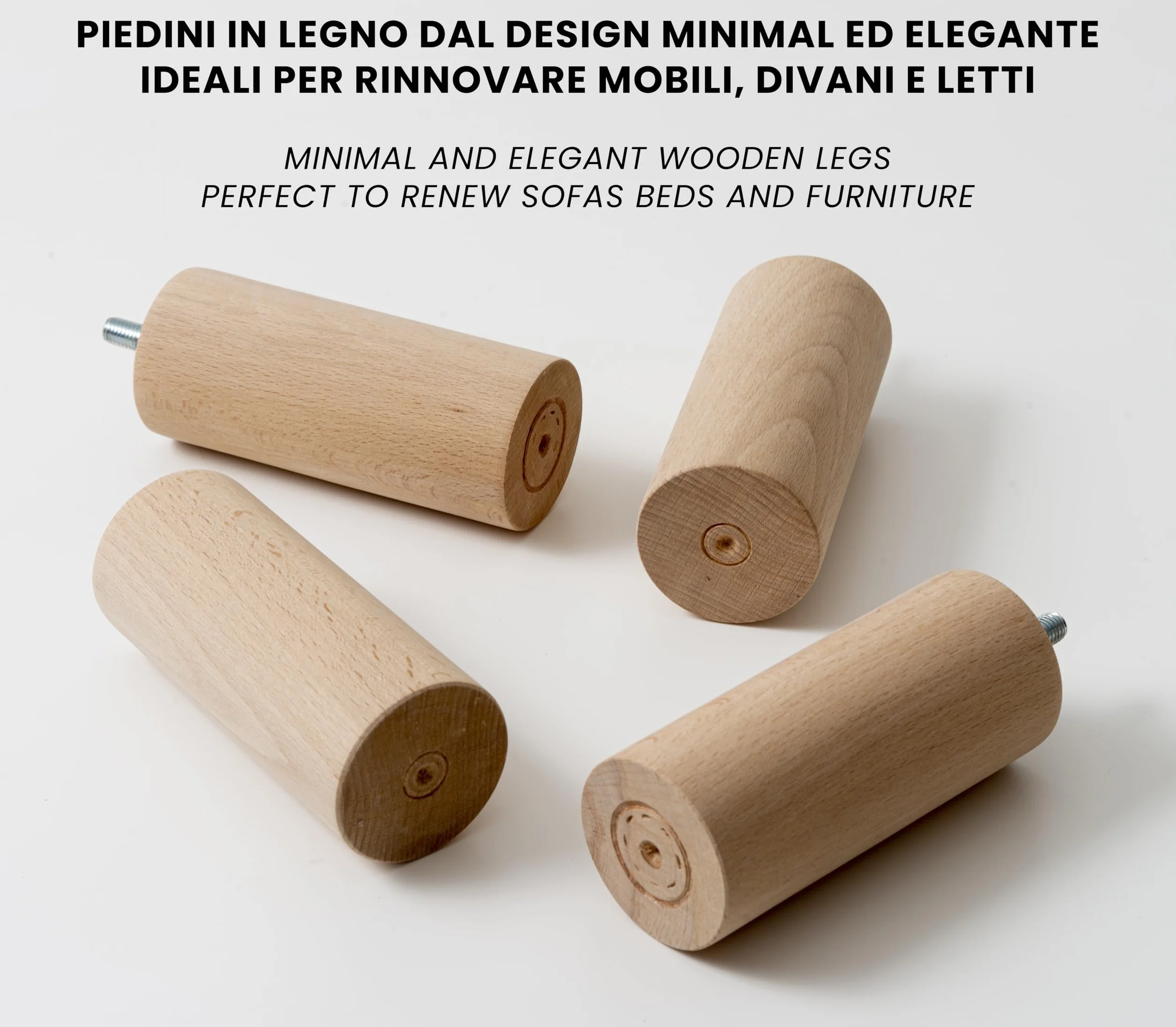 IPEA Möbelfüße aus Holz - Sofa Füße – Höhe 140 mm – [ MINIMALES UND Elegantes Design ] - Set mit 4 Rohholzfüßen für Schränke, Sessel, Wohnmöbel - Möbelbeine – Möbelfuß M10 Schraube - 4er Pack