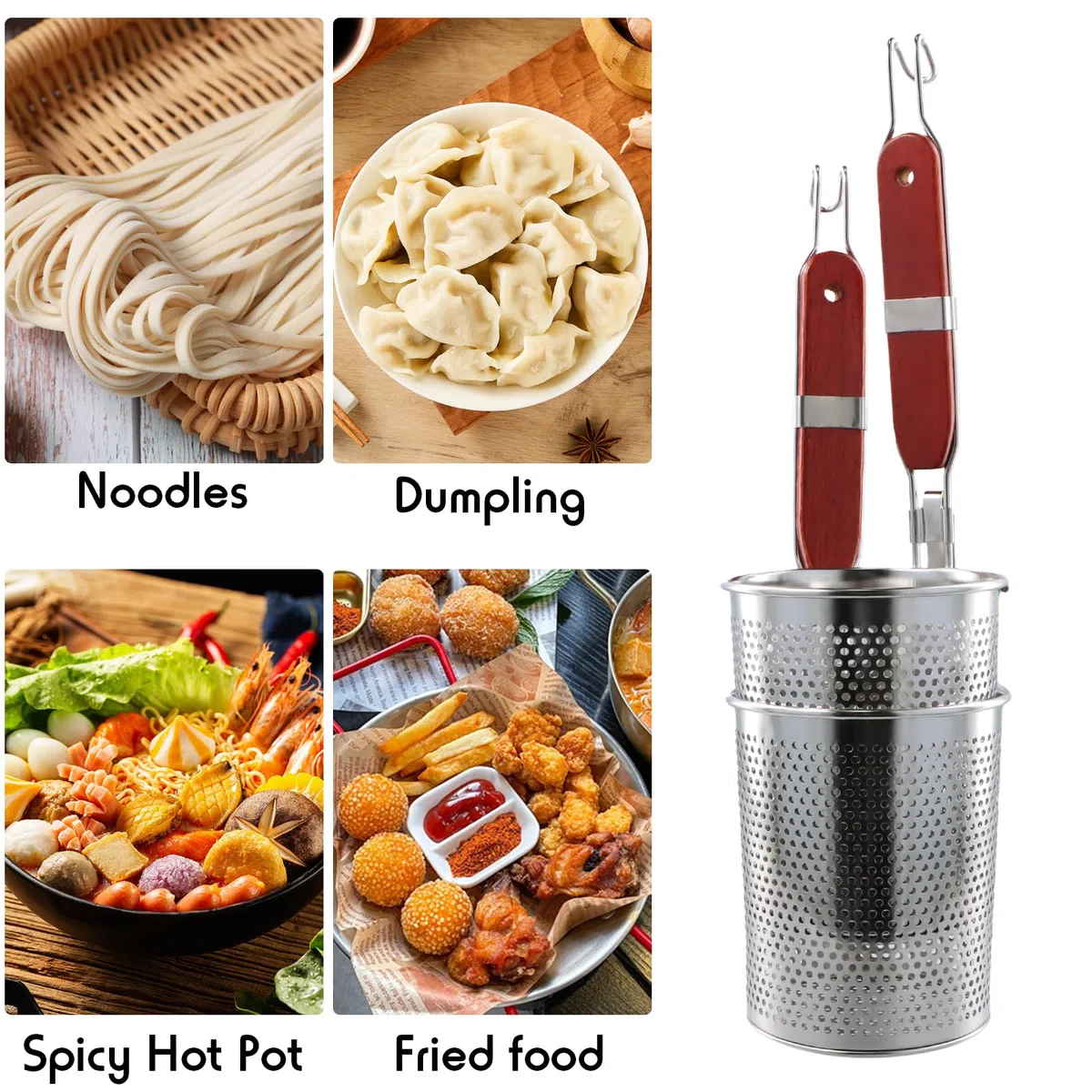 2 Stück Mikroperforiertes Edelstahl Nudelsieb, 12 cm Nudelkorb mit Holzgriff, Pasta Abseihlöffel, Tiefes Küchensieb für Knödel, Spaghetti, Obst, Knödel, Lebensmittel