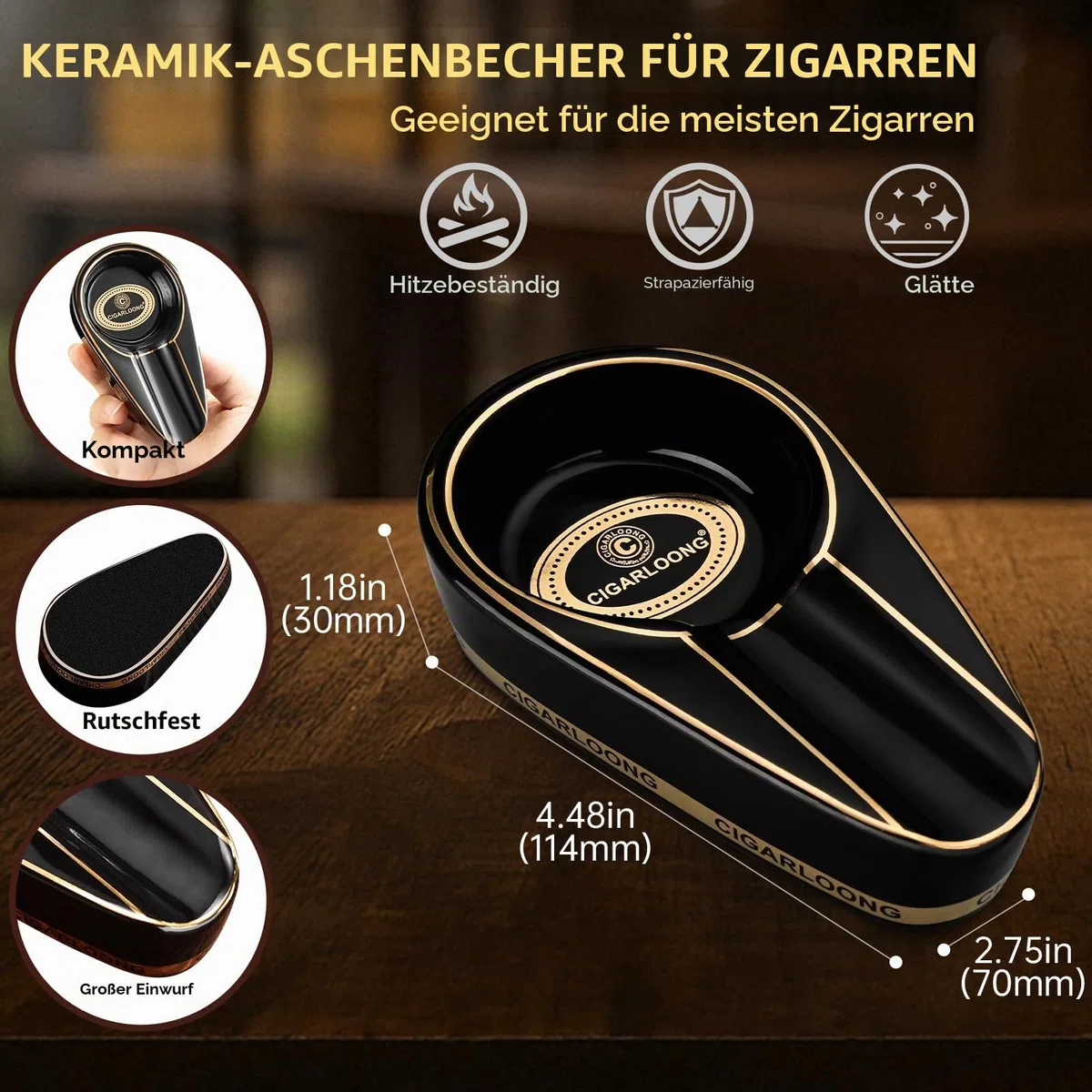 CIGARLOONG Zigarren-Aschenbecher- und -Beschneider-Set. Keramischer Aschenbecher mit V-Beschneider, Guillotine-Beschneider und Zigarrenstich. Ein Zigarrenzubehör-Set,Geschenk für Männer (Schwarz)