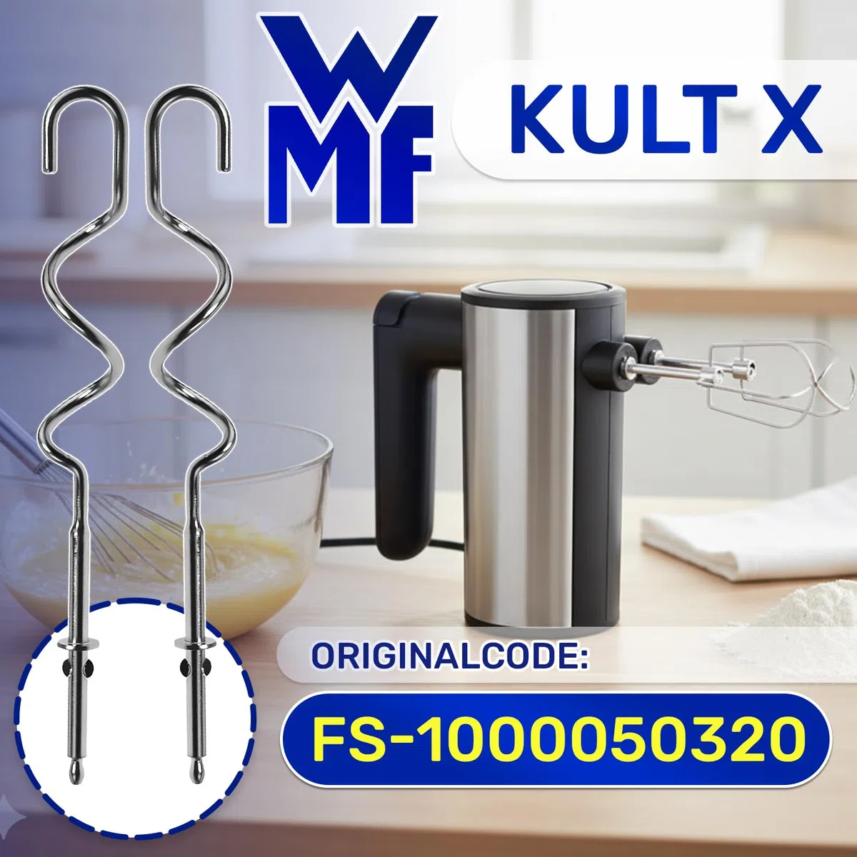 2 Stück Knethaken Handmixer mit Originalcode FS-1000050320 FS1000050320 für Wmf Kult X Handrührgerät - Garantie 10 Jahre - MONTERAL