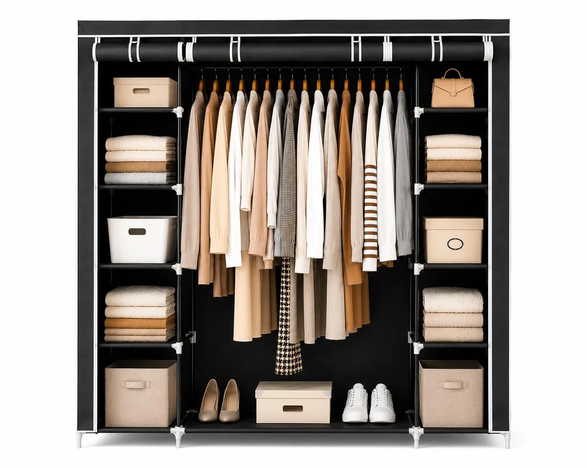 Stoffschrank (XXL)| Faltbarer kleiderschrank mit Kleiderstange und 11 Einlegeböden | schwarzer Kleiderschrank mit aufrollbarer Reißverschlusstür und vielen Montagemöglichkeiten
