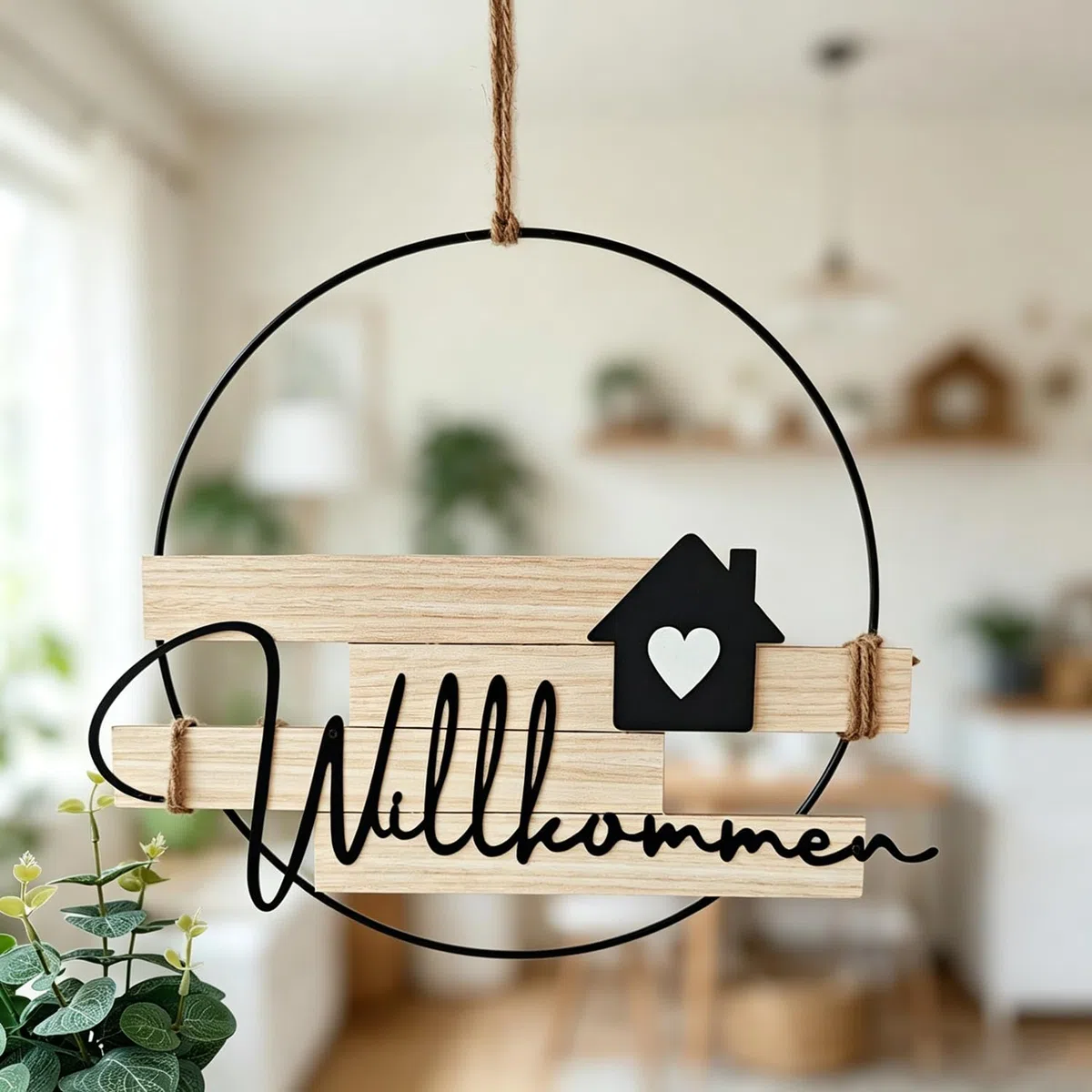 Türkranz Willkommen Ganzjährig, Willkommensschild Haustür aus Metall und Holz, Boho Türdeko Haustür Deko Kranz Hängedeko für Eingang, Garten, Frühling, Sommer, Herbst, Winter