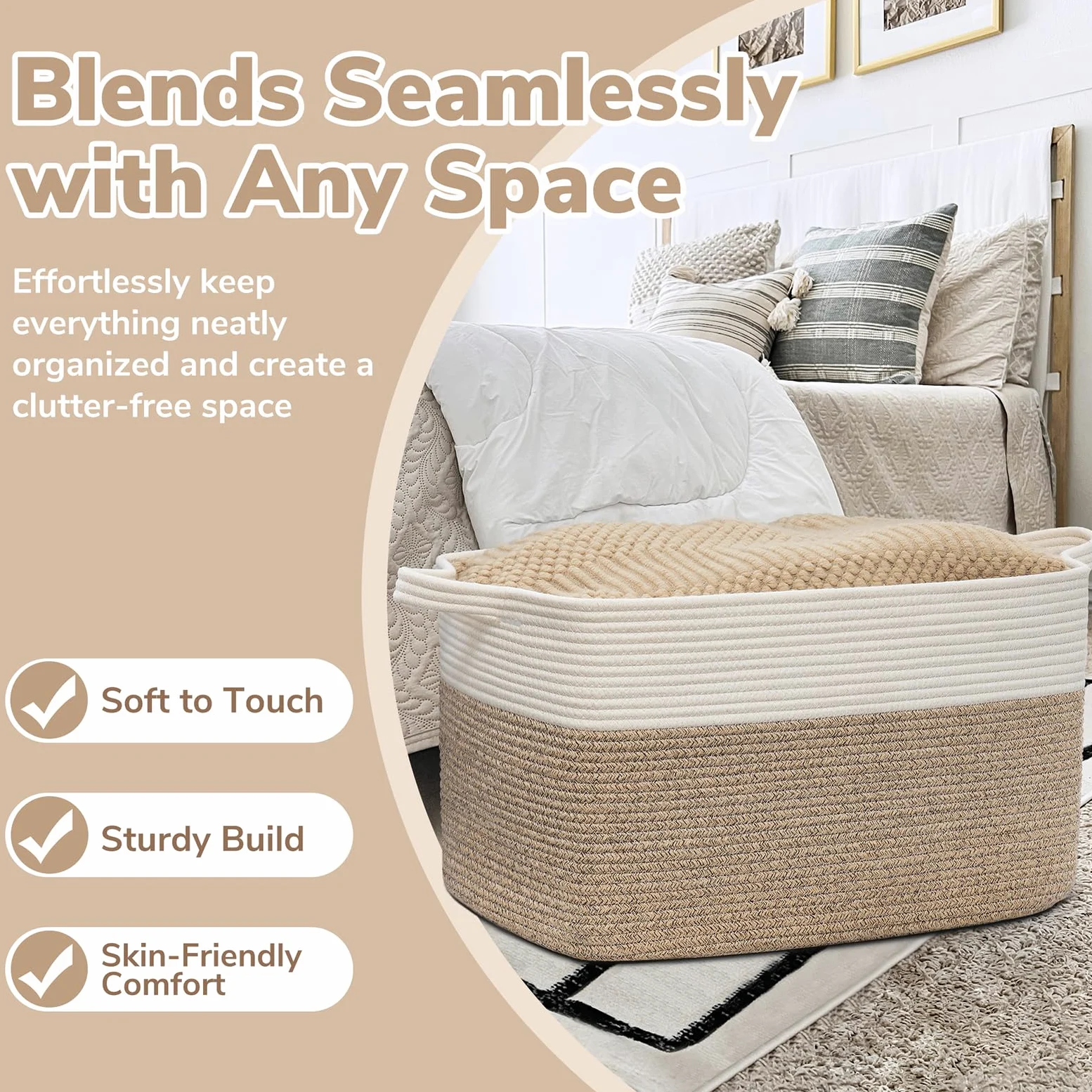 TIMEYARD 65L Faltbarer Wäschekorb, Aufbewahrungskorb für Baby Spielzeug, Square Laundry Baskets, Korb Aufbewahrung für Decken, kissen, Gästehandtuchkorb, Weiß und Braun