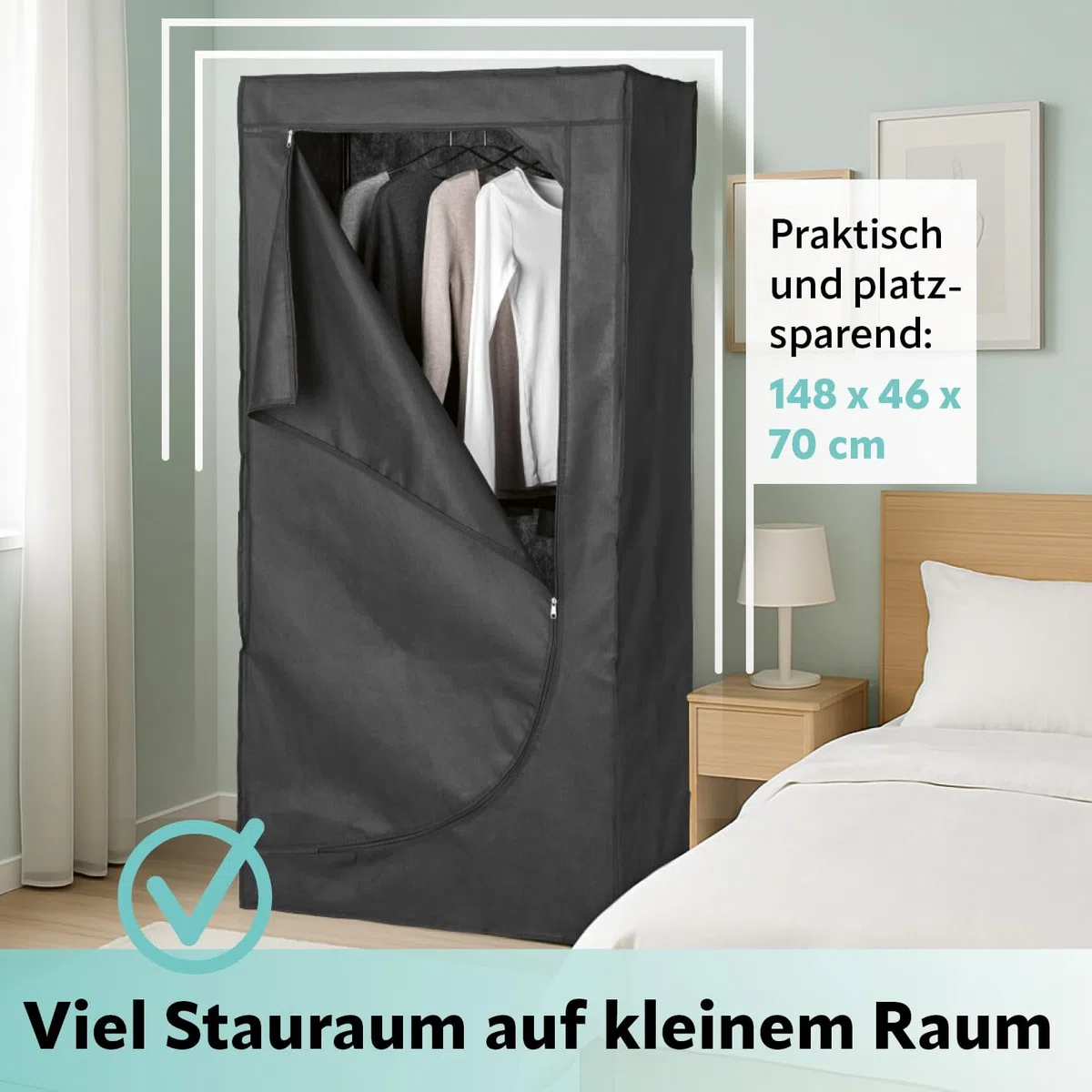 EASYmaxx Kleiderschrank | Faltbarer Stoffschrank mit Reißverschluss & Kleiderstange | Stoffkleiderschrank – ideal als Campingschrank oder mobiler Kleiderschrank zu Hause | Kleiderständer modular