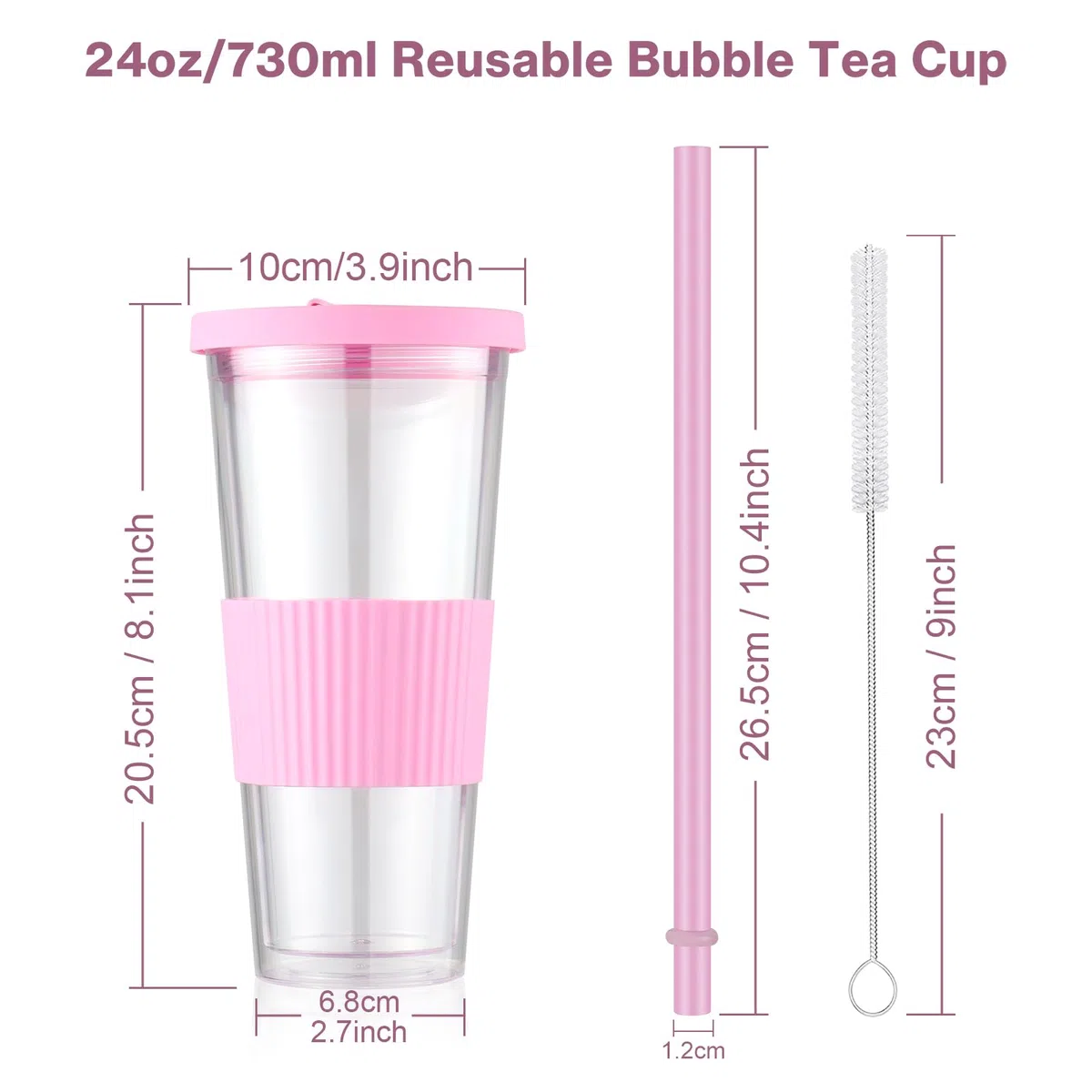2er-Pack wiederverwendbare Bubble-Tee-Tasse, Boba- und Smoothie-Becher, 730ml/24oz Breitmaul-Doppelwand-Trinkgläser mit Strohhalm & Deckel, auslaufsicher für Eiskaffee, Milchshake (Grün&Rosa)