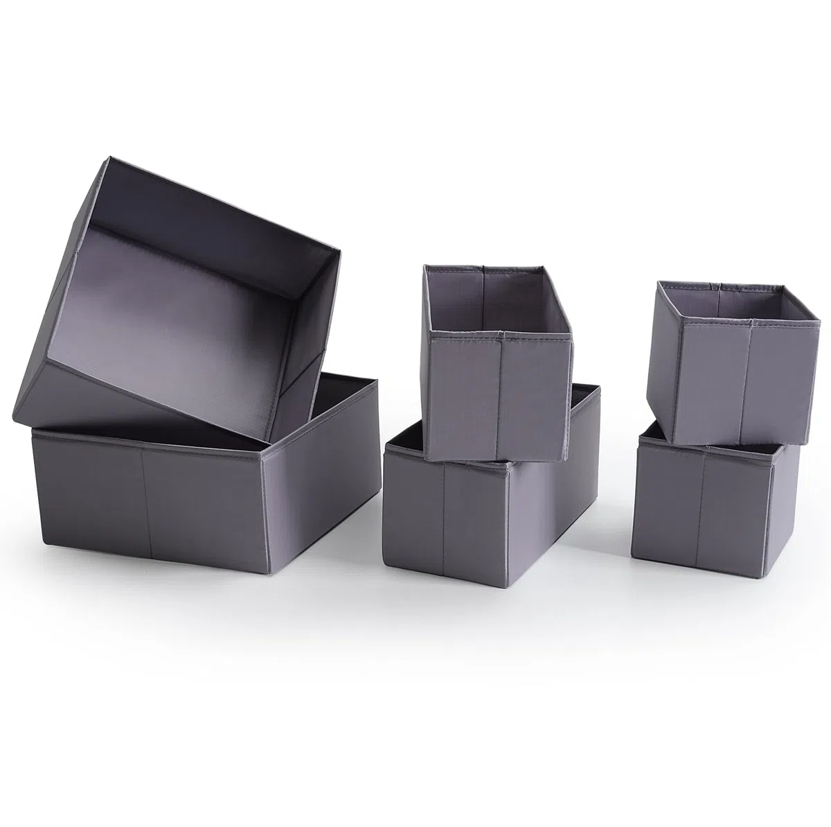 TYEERS Schubladen Organizer, Strapazierfähiger Stoff, Waschbar, mit Bodenstützplatten, Kleine Aufbewahrungsboxen für Badezimmer, Kleiderschrank, Kommode, 6er-Set, Dunkelgrau