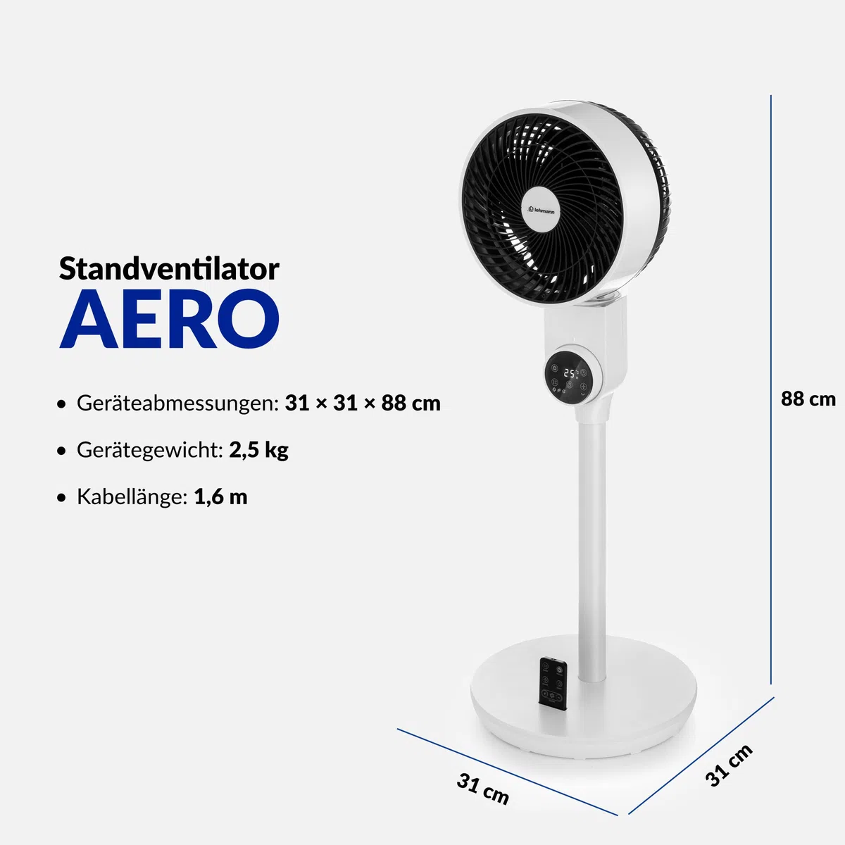 LEHMANN Standventilator, leiser Ventilator mit Schlafmodus & Naturmodus, Timer 12 h, Fernbedienung, LED-Display, 75° horizontale Oszillation + 90° manuell vertikale Neigung, 3 Geschwindigkeiten
