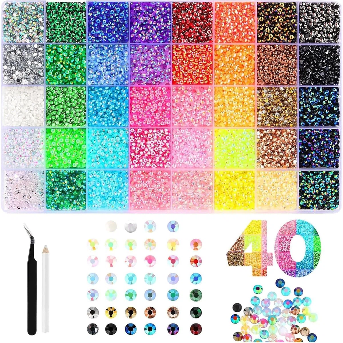 32000-Teiliges Bedazzler Kit, 40 Farben Harz Strasssteinen, 3mm Glitzersteine Bedazzling Kit, Buntes Flatback Rhinestones für Nageldesign, Gesichts-Make-Up, Bastelarbeiten