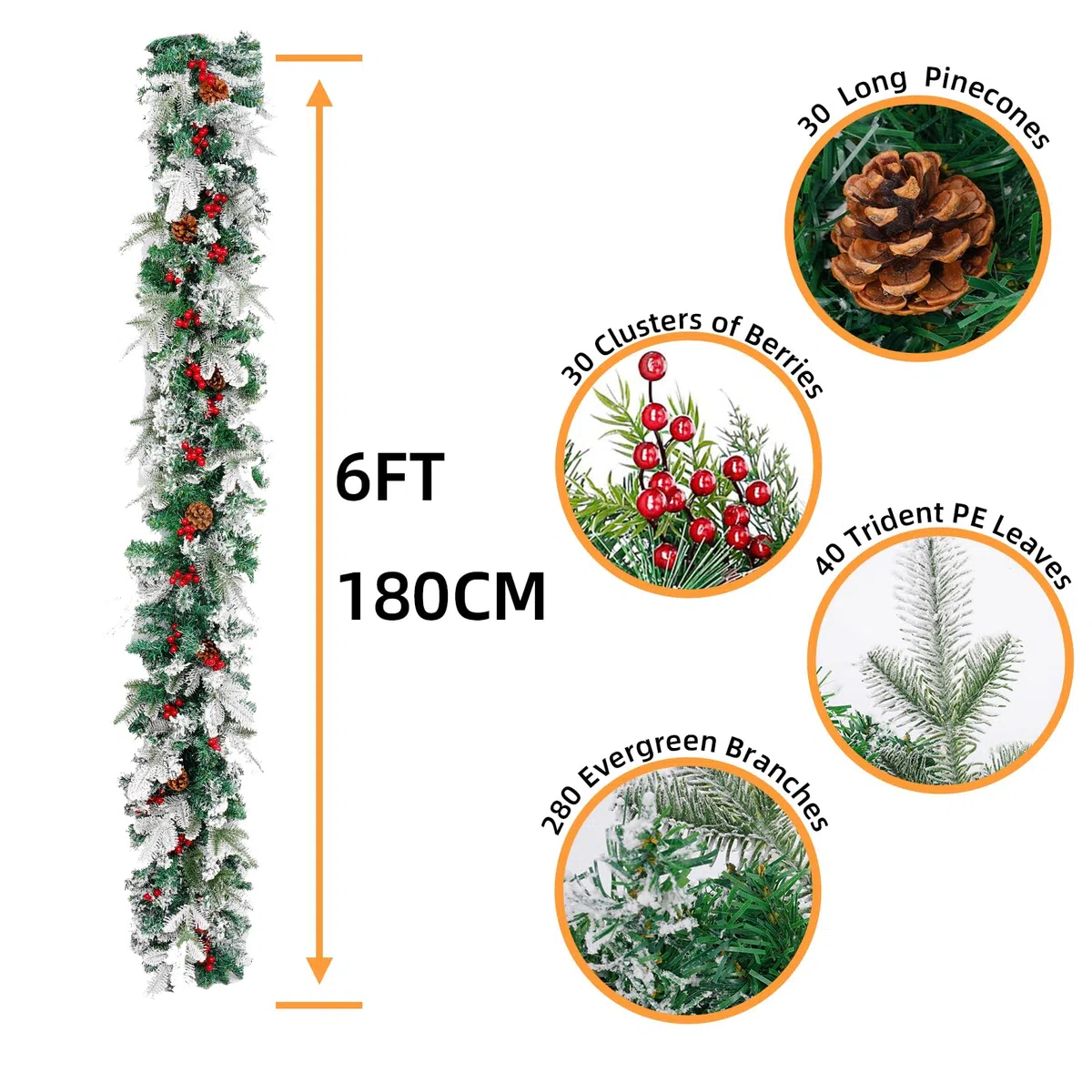 Weihnachtsgirlande Girlande Weihnachten 180cm Weihnachtsdekoration Kunstpflanze Rattan-Kugeln für Weihnachtsbaum, Kamine, Treppen, Türen, Weihnachtsbaum, Garten, Hof, Dekoration