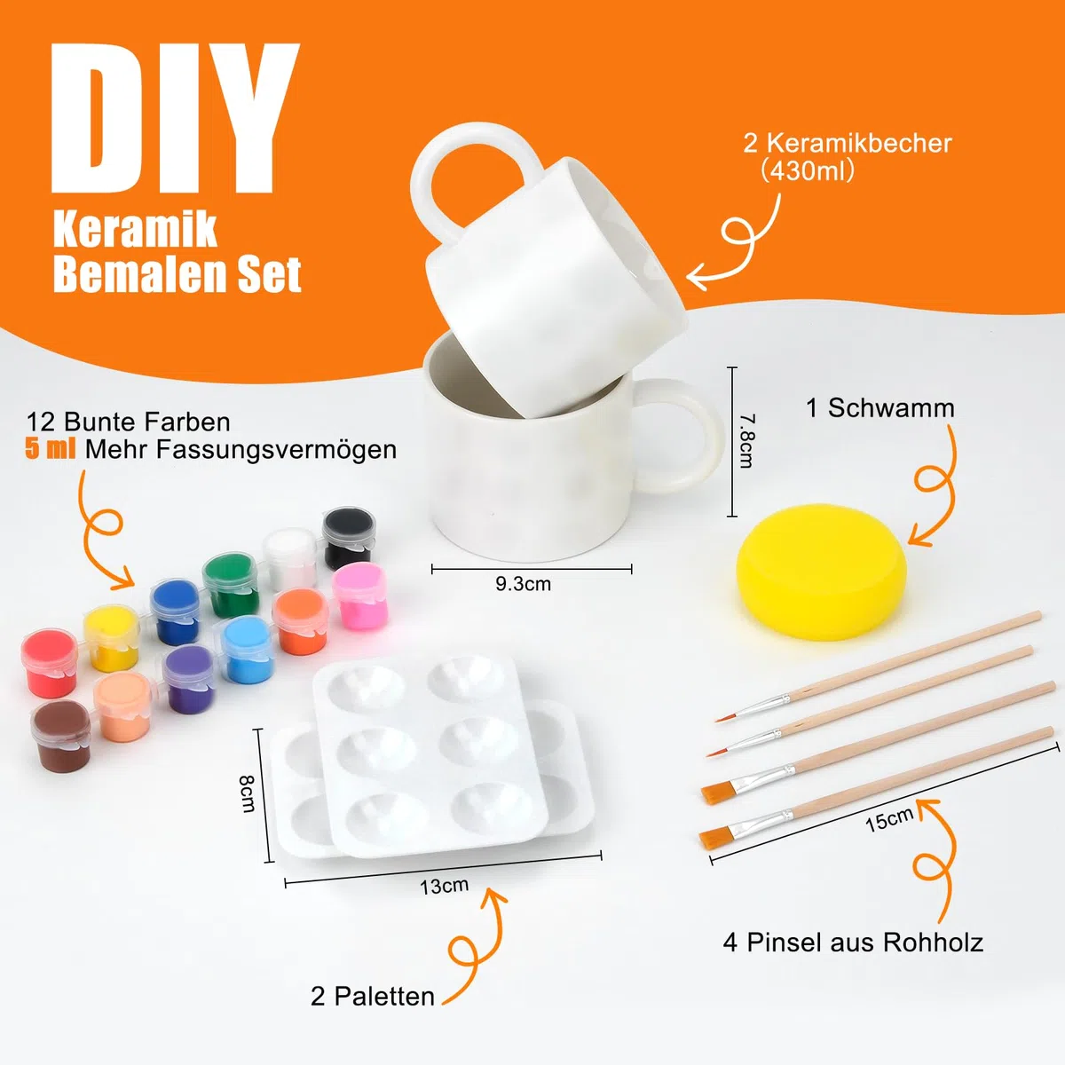 SelfTek DIY Keramik Bemalen Set - Tassen zum Bemalen Kreativ Set für Erwachsene mit 2 Tassen, 12 Farben, 4 Pinsel, 2 Palette, Malinspirationen, Geschenk für Freund Familie Lieber