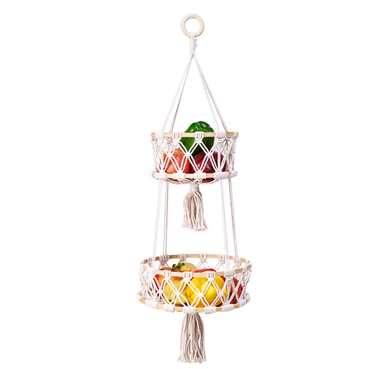 Vegetable Basket, 2 Tier Boho Hanging Handmade Kitchen, Living Room, Bathroom