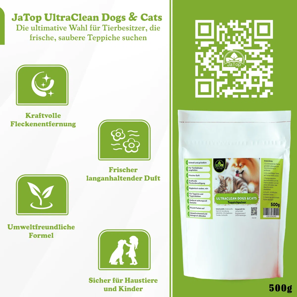 UltraClean Cats & Dogs Teppichreiniger Pulver zum Absaugen, Teppich Reinigungsmittel Pulver, Teppichpulver zum Reinigen von 10-15qm Teppichboden, 4 x 500g + Fleckenspray 250ml