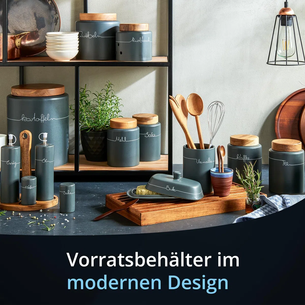 KHG Kaffeedose luftdicht, Keramik Steingut in Anthrazit Grau mit Holz-Deckel, Kapazität 1 Liter, Vorratsdose Kaffee rund & mit Beschriftung, Kaffee Aufbewahrung aromadicht