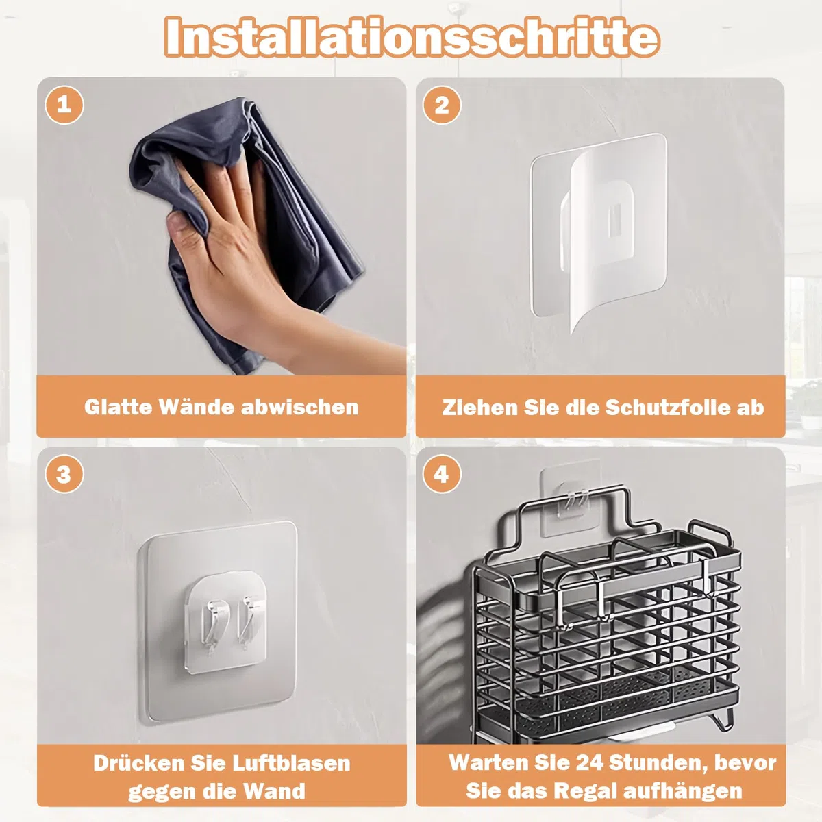 Besteckhalter, Küchenutensilienhalter Besteckkorb, Wandmontiert Traceless Sticker Kohlenstoffstahl Besteck Abtropfbehälter Behälter für Besteck und Küchenhelfer (Schwarz)