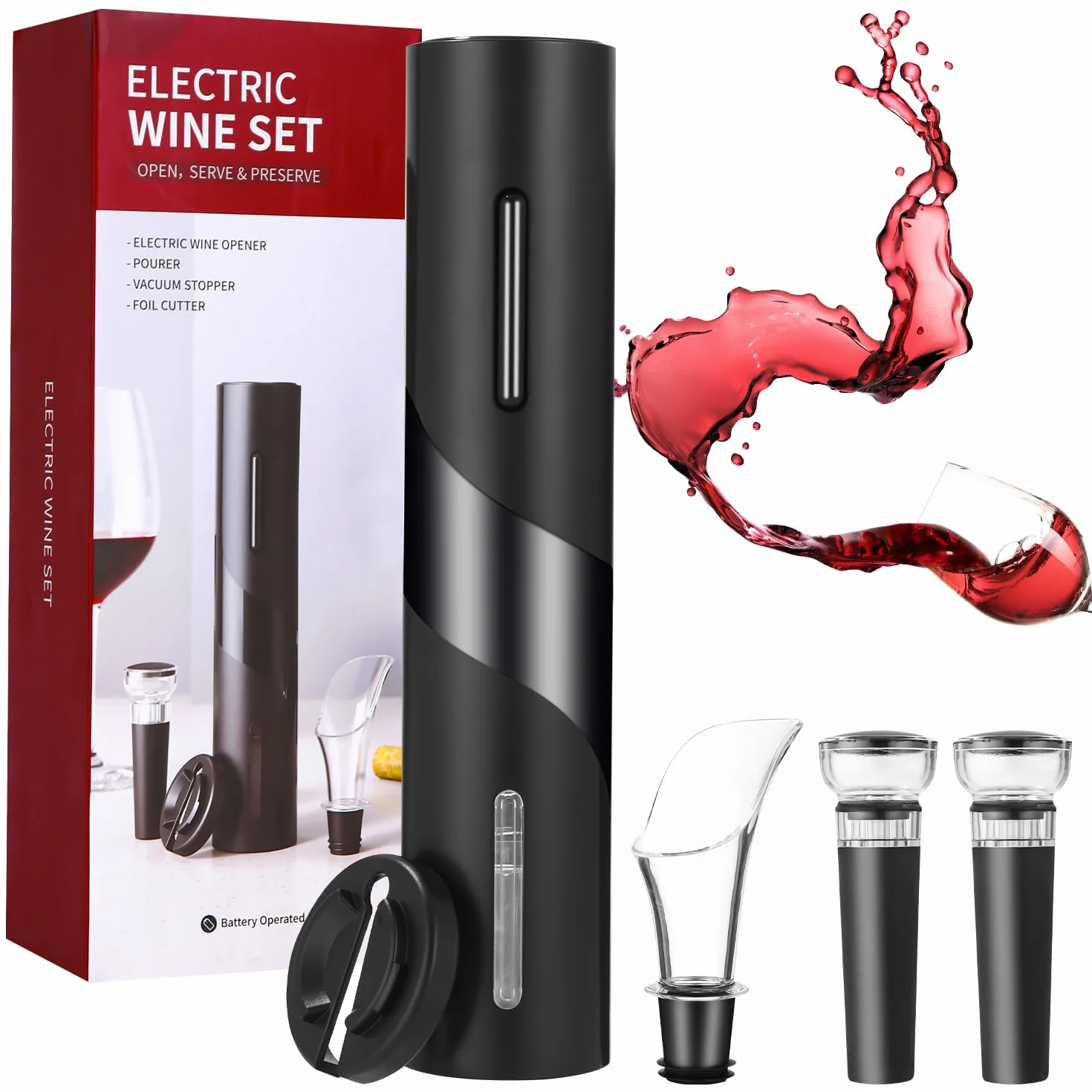 Korkenzieher Elektrisch, Automatischer Flaschenöffner, Weinflaschenöffner Set enthält Folienschneider, Weinausgießer und Vakuum Weinverschluss, Batteriebetrieben