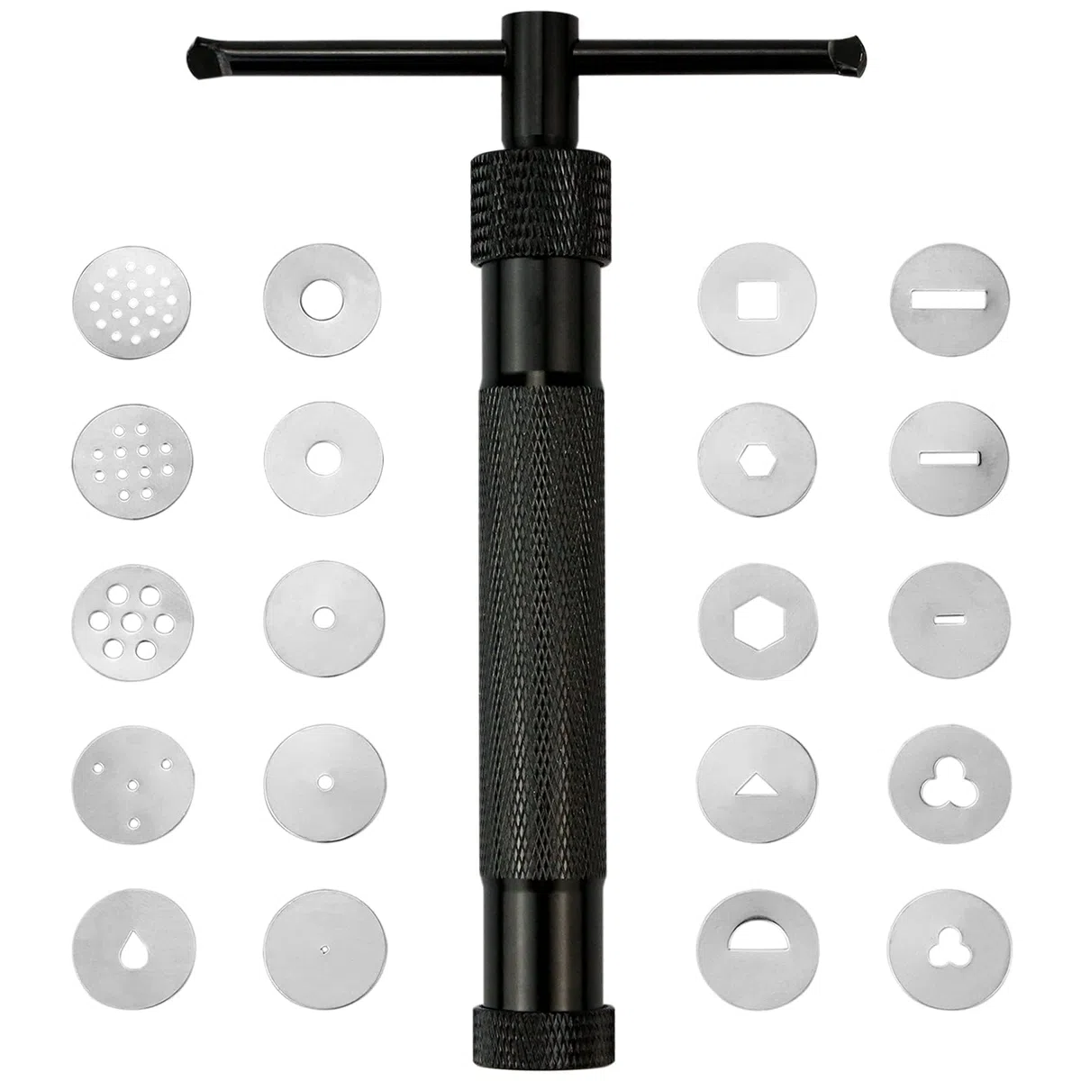 Edelstahl-Ton-Extruder mit 20 Musterscheiben, Handzuckerpastenpresse für Fondant-Kuchendekoration, Polymer-Ton-Handwerk und Keramik-Keramik-Skulptur (schwarz)