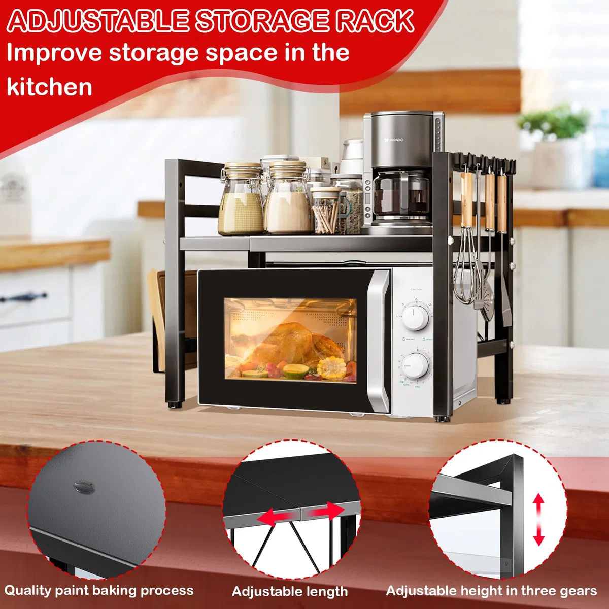 UCAMP Verstellbares Mikrowellenregal,Erweiterbares Mikrowellen Regal,2 Stufig Mikrowellenhalter aus Kohlenstoffstahl,für Räumen Sie die Küche auf, mit 1 Schneidebrettständer Und 6 Haken (Schwarz)