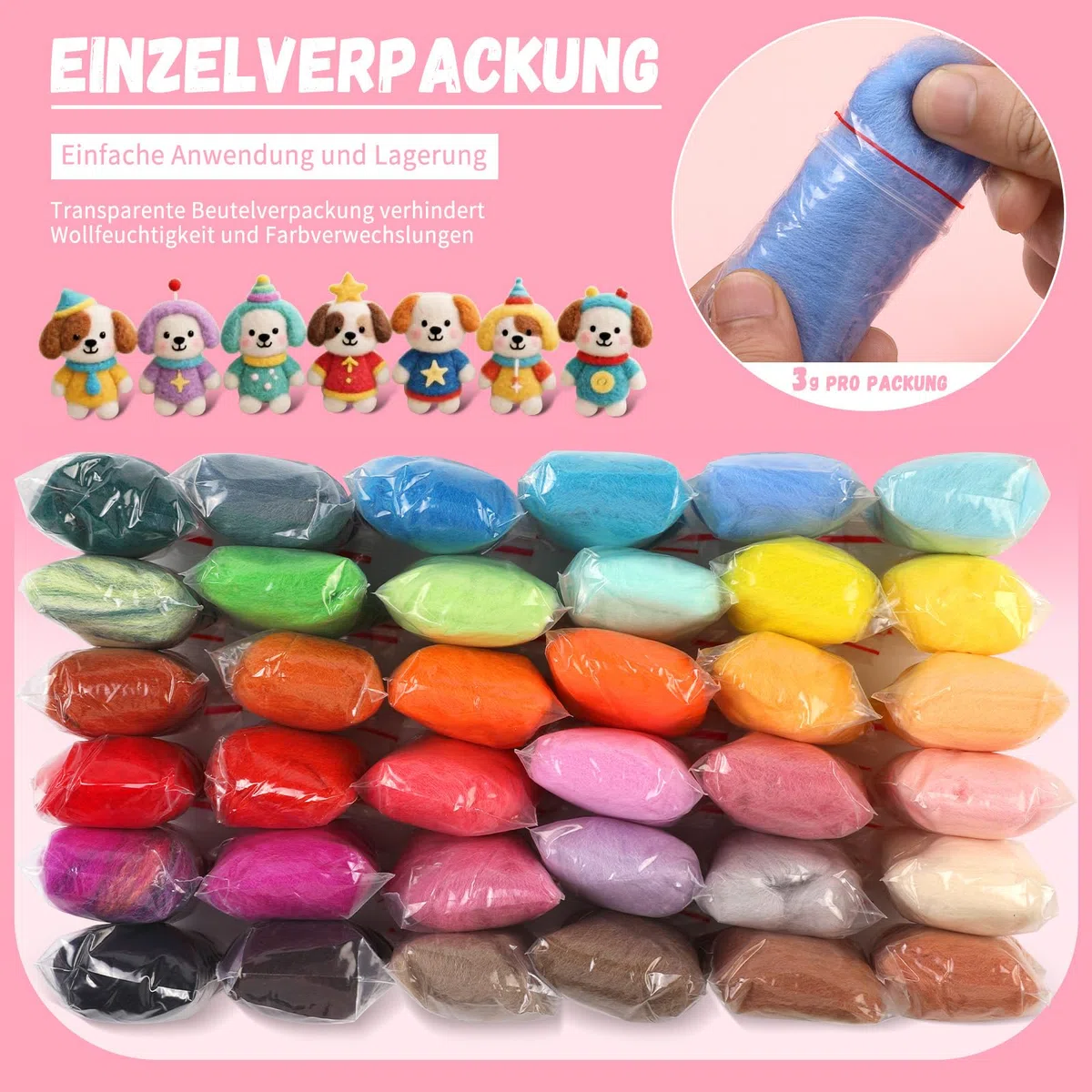 Filzwolle 36 Farben Set, 108g Märchenwolle aus Schafwolle für Nassfilzen & Trockenfilzen, Premium Merinowolle zum Filz Basteln & Stricken, Filzen Starterset mit Naturfasern
