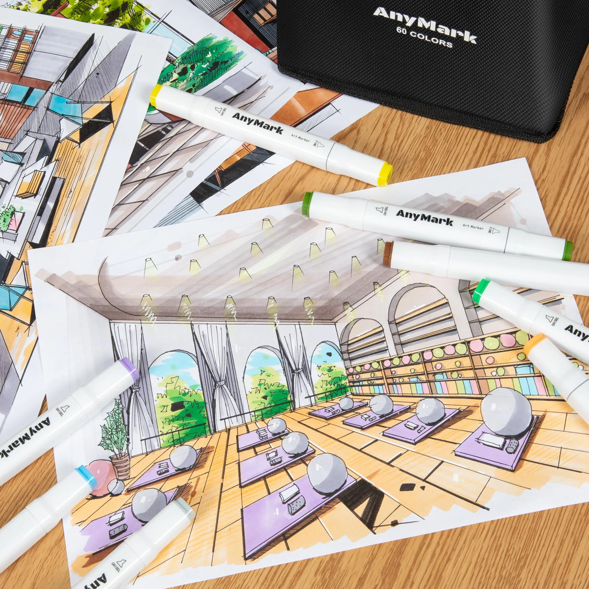AnyMark Alkohol Marker, 60 Farben Marker Stifte Set, Twin Tip Künstler Stifte Set zum Zeichnen, Ausmalen und Skizzieren, Meißel- & Feinspitzen
