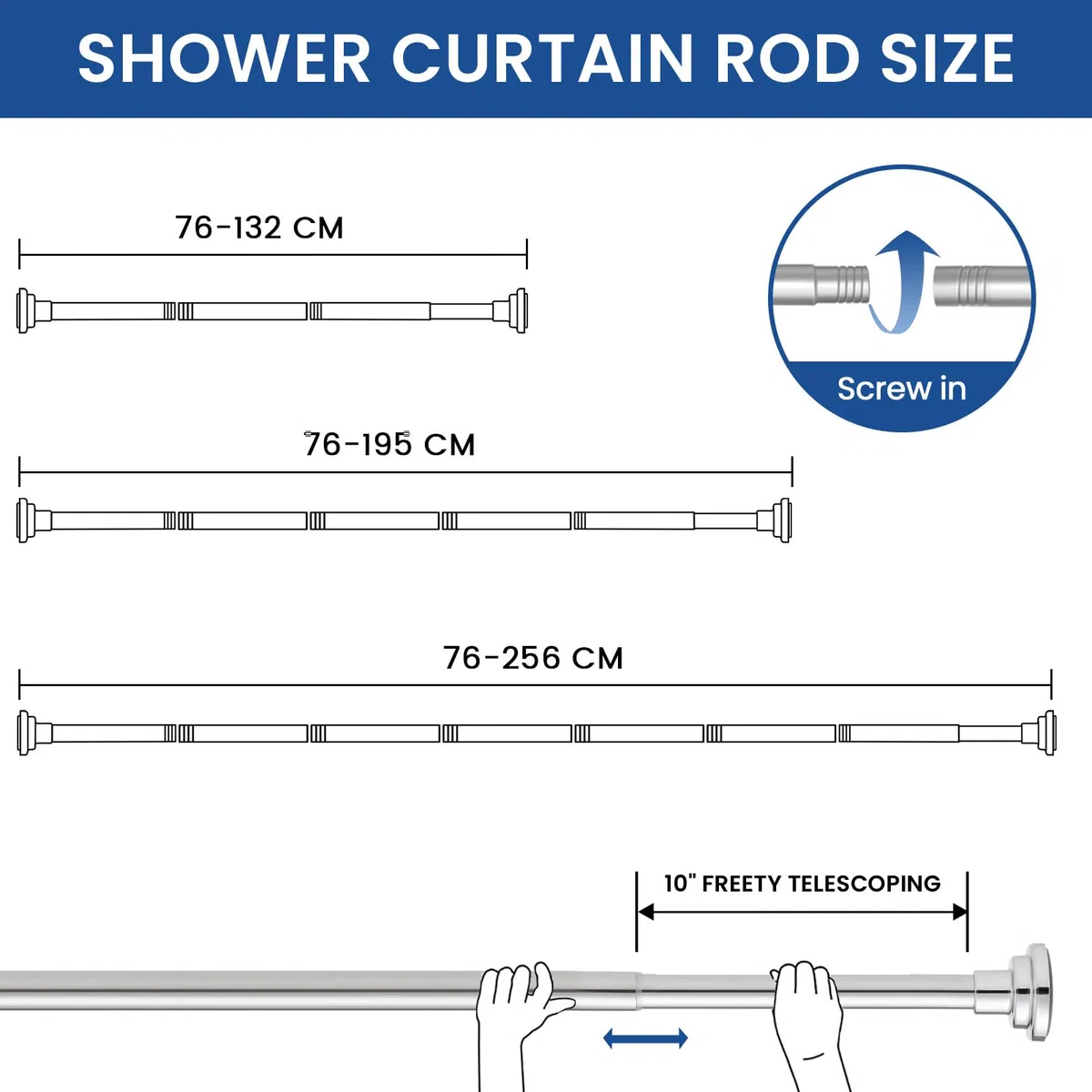 Duschvorhangstange ohne Bohren, Ausziehbare Teleskopstange, Rostfrei & Rutschfest Duschstange, Spannstange Verstellbar von 76 bis 195cm, Ideal für Badezimmer, Fenster