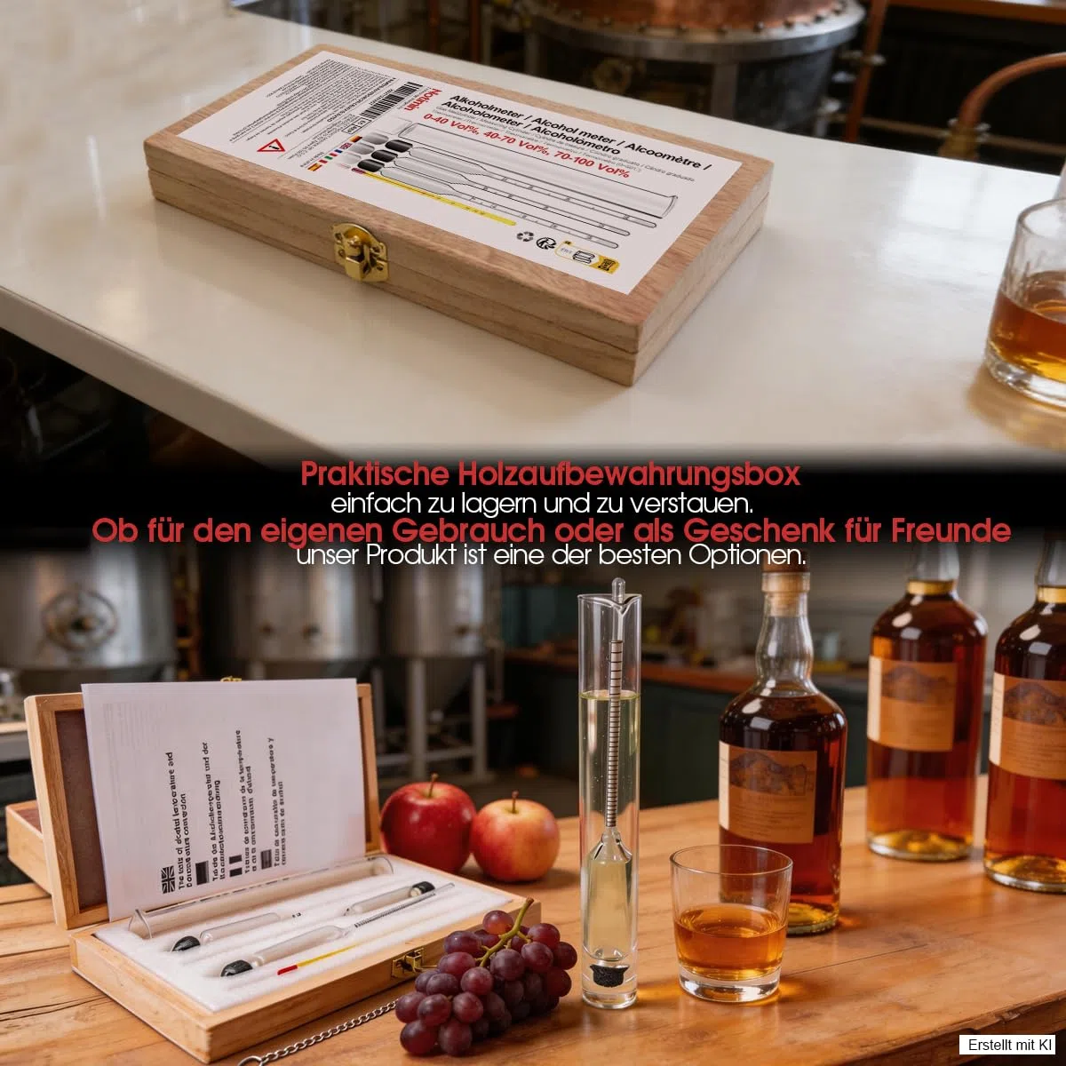 Alkoholmeter 3 pcs 0-40 Vol%, 40-70 Vol%, 70-100 Vol% Alkoholmessgerät Tester Alkoholgehalt + Glas Meßzylinder für alle Spirituosen/Destillate, Whisky, Brandy, Wodka