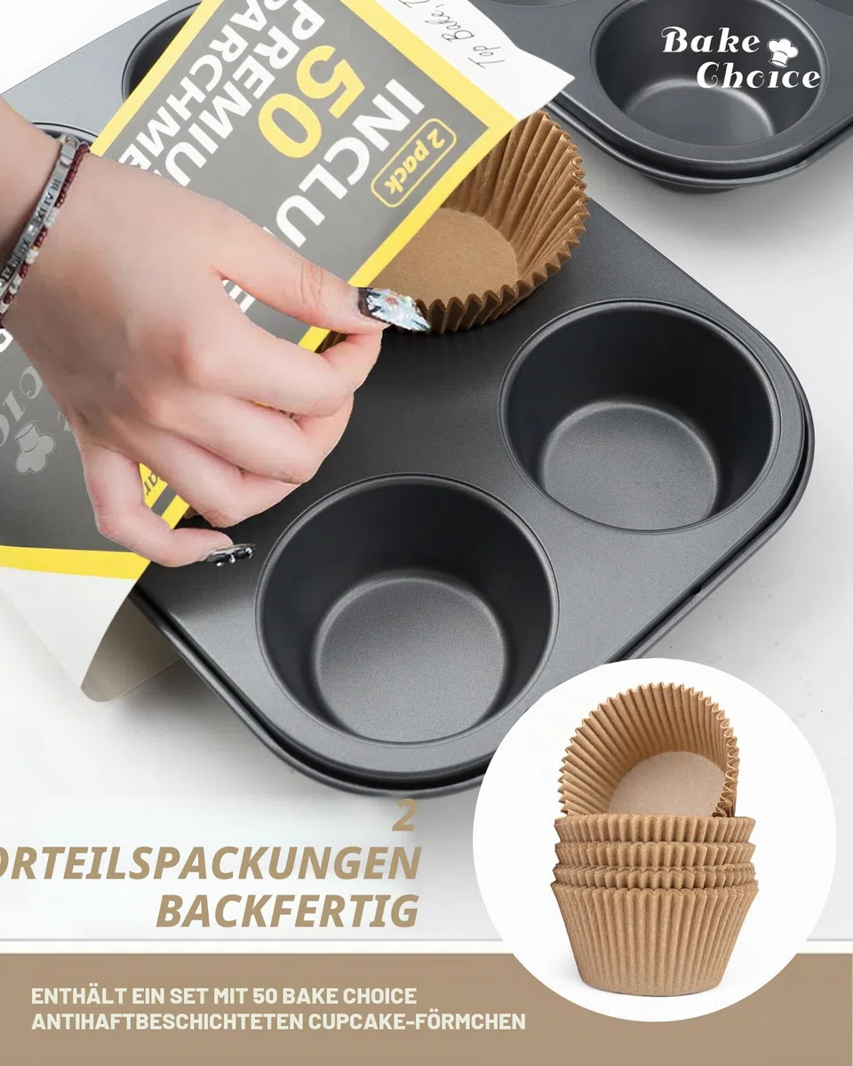 Bake Choice 2 Pack Jumbo Muffin Backform, mit 50 Natürlicher Jumbo Muffinförmchen Papier, 6-Fach Antihaft-Muffinform, Backform Set aus Kohlenstoffstahl