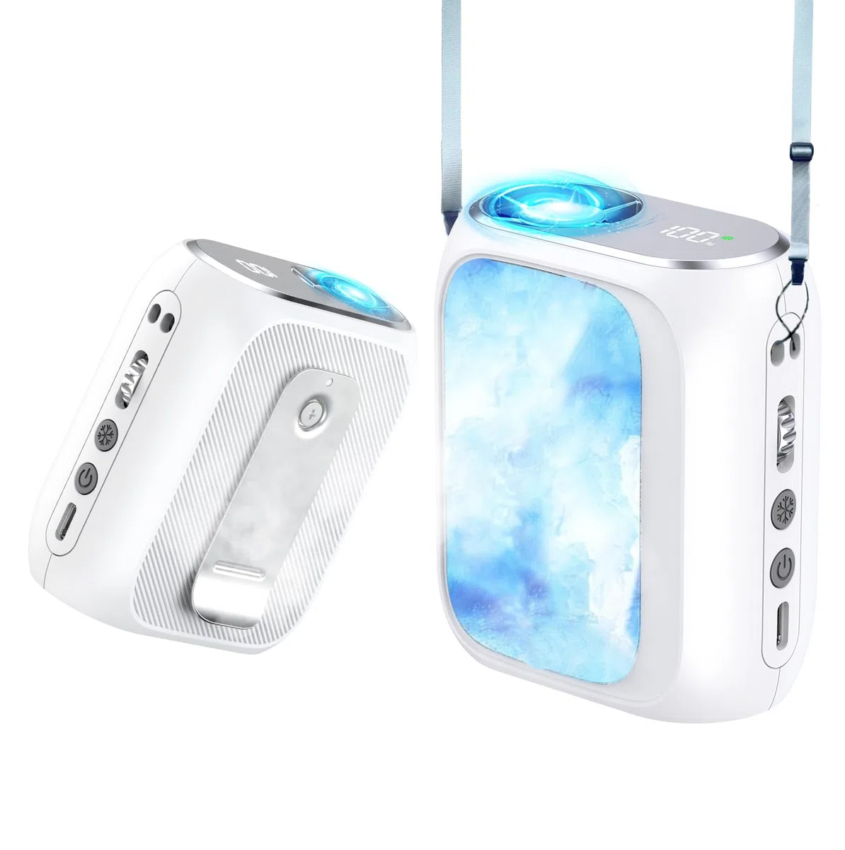 Tragbarer Clip Ventilator mit Eiskühlplatte, Nackenventilator Shirt Gürtel Ventilator Hals für Unterwegs 20000 U/M Turbo Klimaanlage Mobil Kalte Luft, 5000mAh Akku für Outdoor Reisen Strand Büro