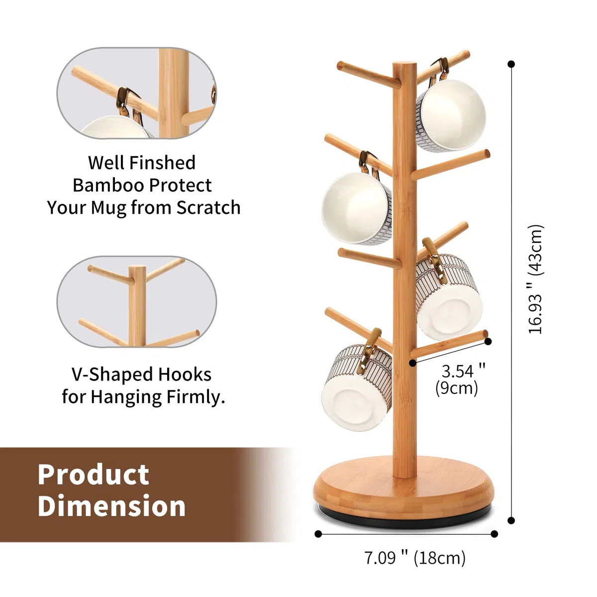 BAMBANG Tassenregal aus Bambus Metallbasis Drehbar Groß,Tassenhalter Holz mit 8 Haken,Tassenständer Tassenbaum Tassen Regal Organizer Aufhängen Ständer Halter,Brezelständer Schmuckständer Natürlich