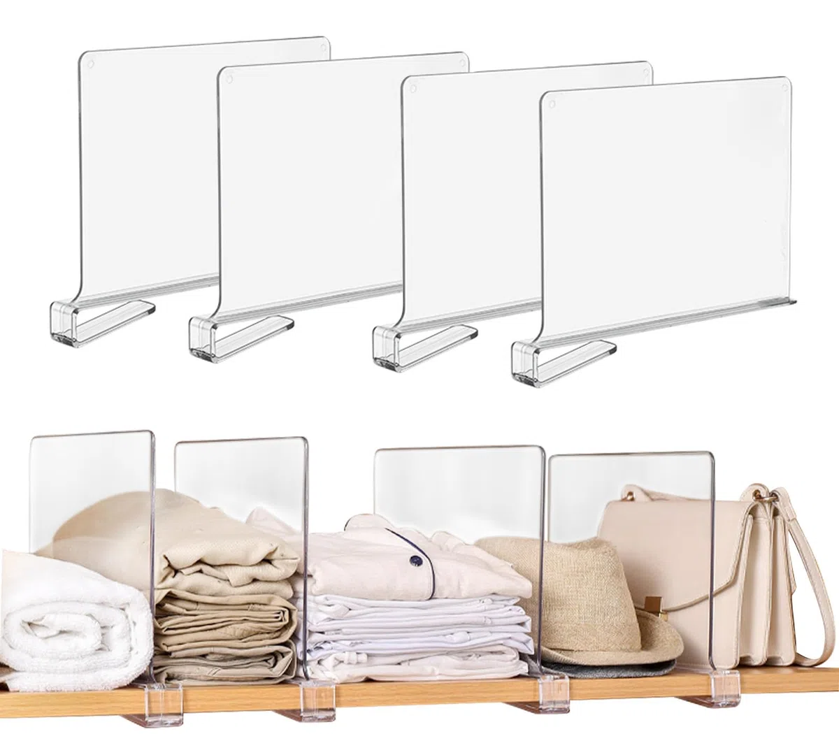 Transparente Acryl Regaltrenner Kleiderschrank 30 x 20 cm Kleiderschrank Trenner,Verstellbarer Kleiderorganisator,Ohne Bohren Regalteiler für Handtaschen Aufbewahrung,Kleidung,Bücher-4 Stück