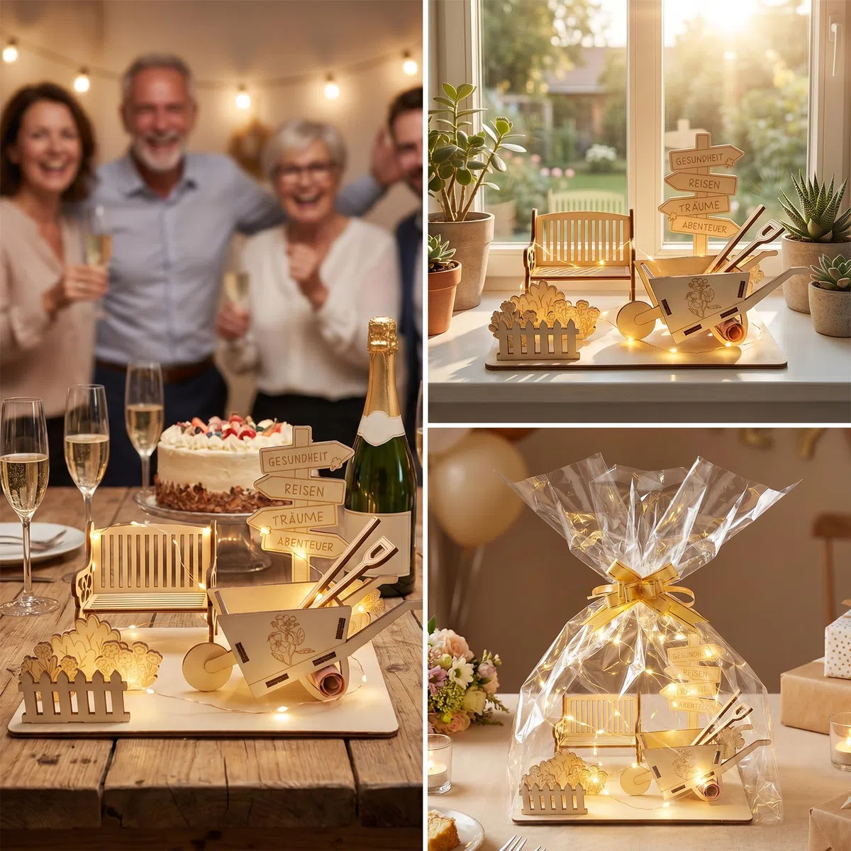 Geldgeschenk Ruhestand Holz mit LED– Kreatives Renteneintritt Geschenk für Frauen & Männer, Schubkarre Geldgeschenk für Rentner, Abschiedsgeschenk Kollegen