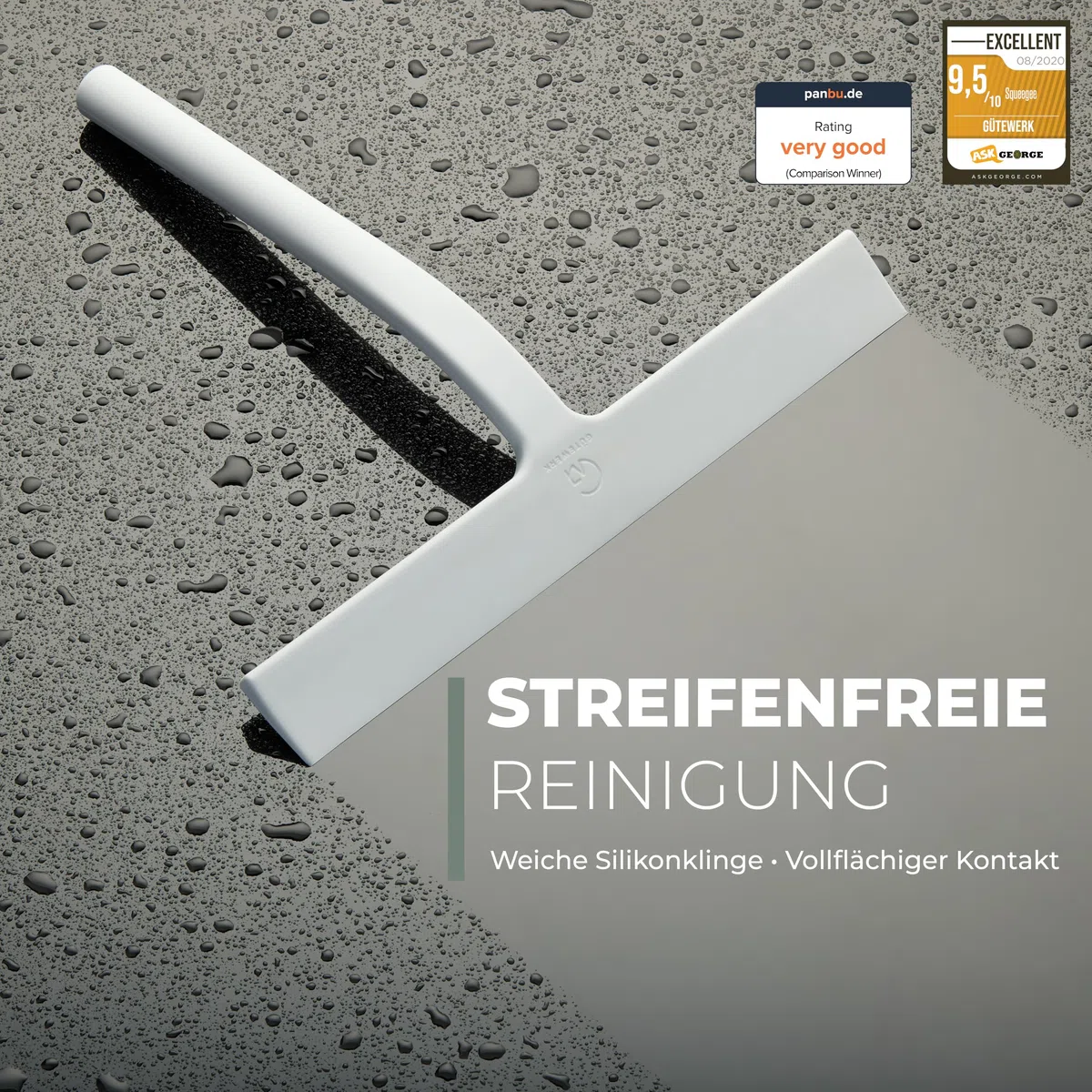GÜTEWERK Duschabzieher Set mit Haken - weiß 23 cm - ohne Bohren breiter Silikon Abzieher Dusche Bad Badezimmer Fenster Edelstahl Fensterabzieher Scheibenabzieher breit Saugnapf halterung Badabzieher